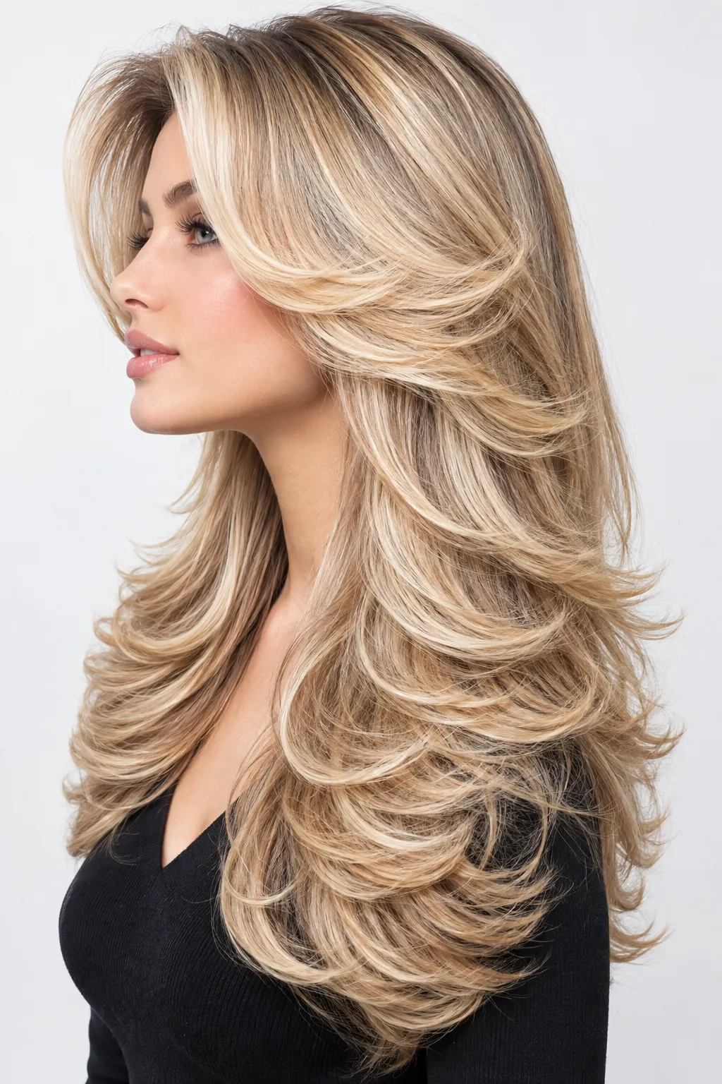 Profile View Golden Blonde Butterfly Cut with Face Layers