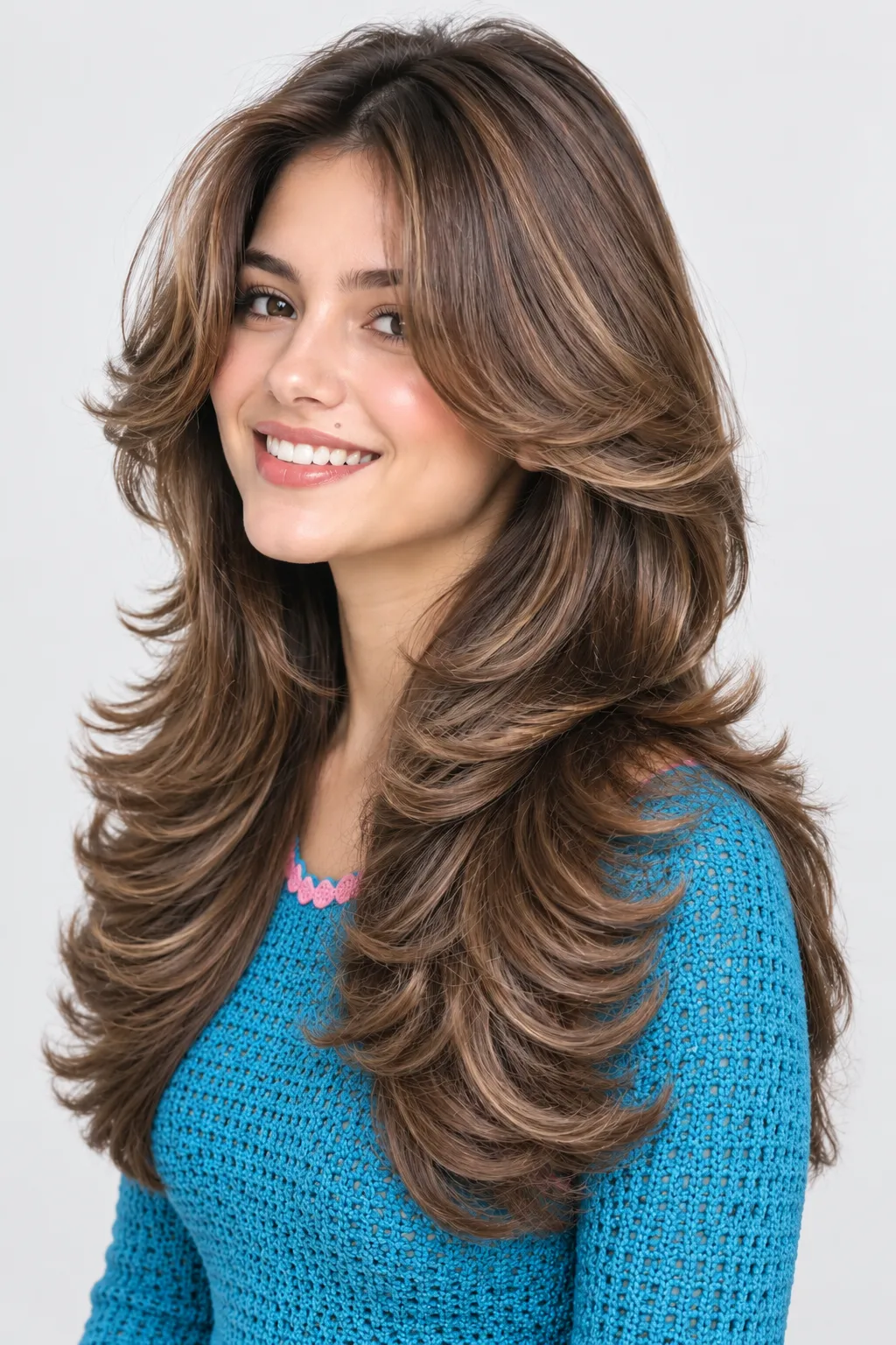  Bright Smile Butterfly Cut with Caramel Highlighted Layers