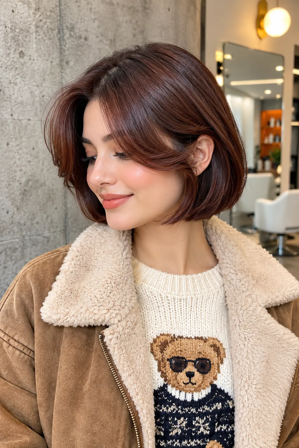 Chestnut Bob with Wispy Curtain Bangs