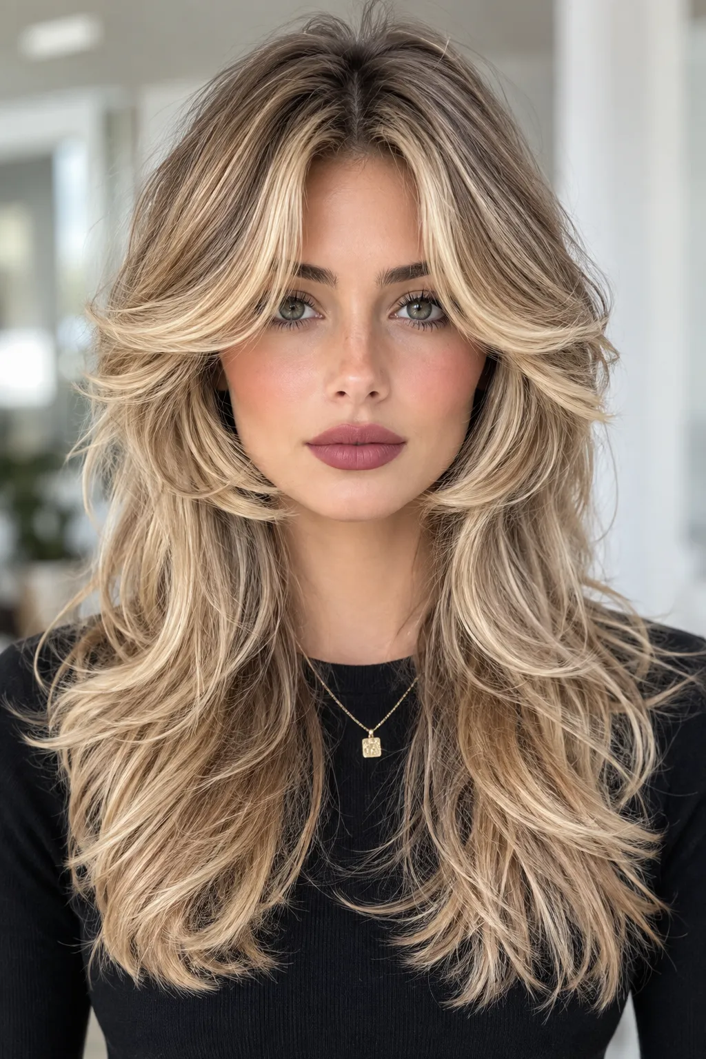 Butterscotch Blonde Shag with Curtain Bangs