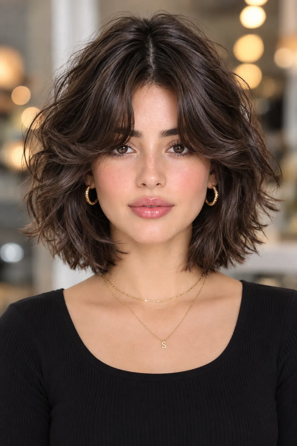 Tousled Brunette Lob with Curtain Bangs