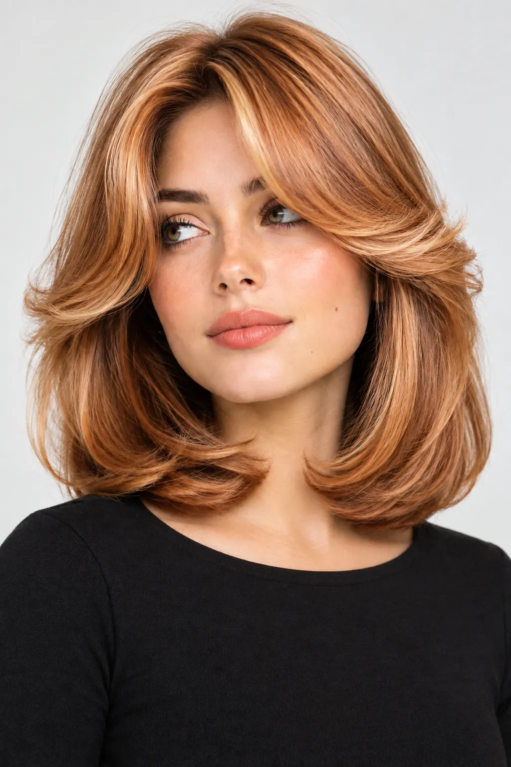 Copper Glow Flip with Curtain Bangs