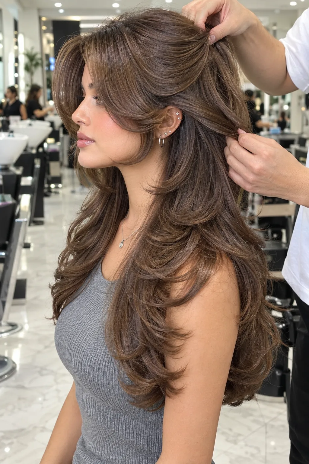 Voluminous Balayage Layers with Curtain Bangs
