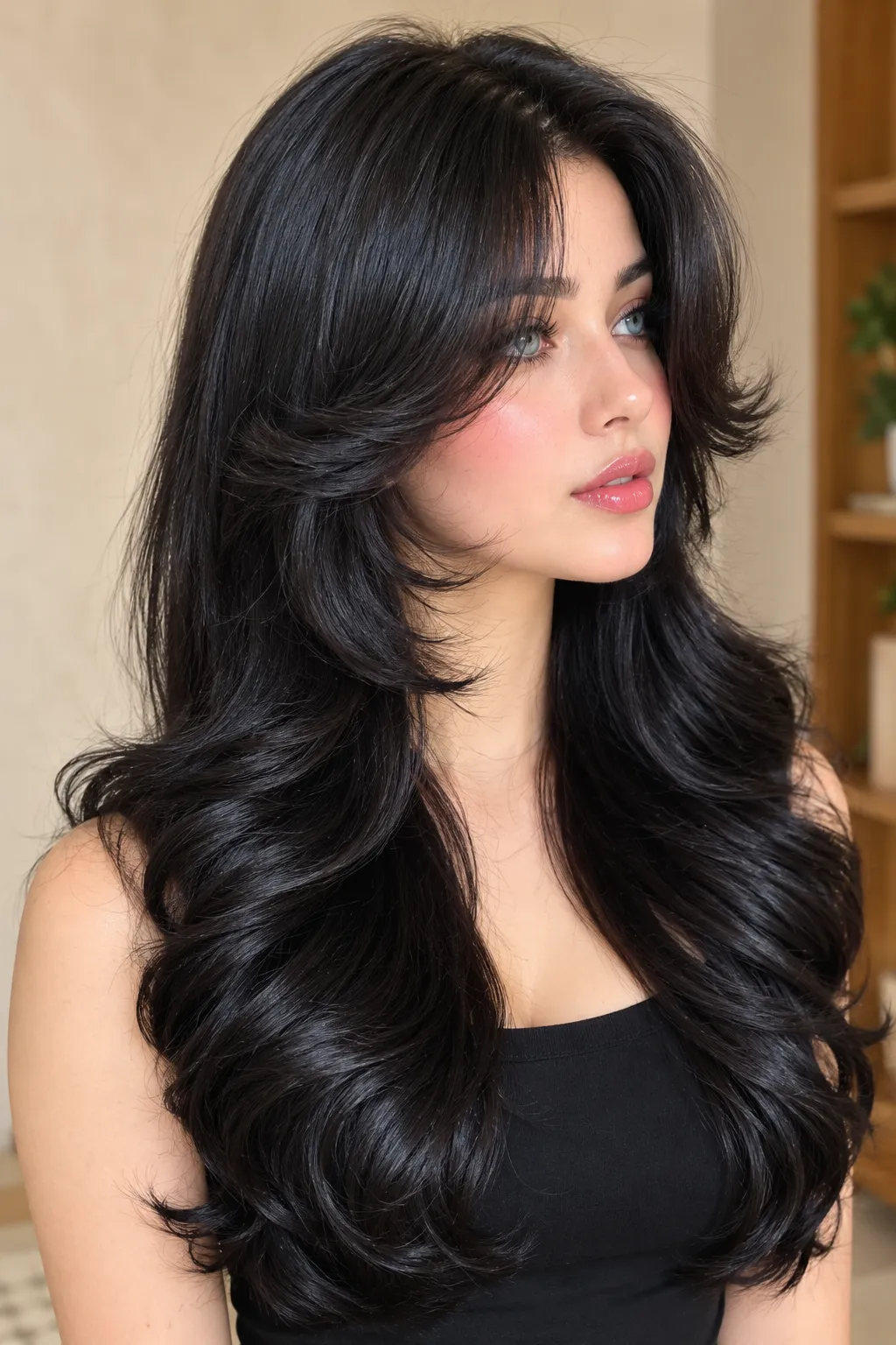 Jet Black Voluminous Waves with Curtain Bangs
