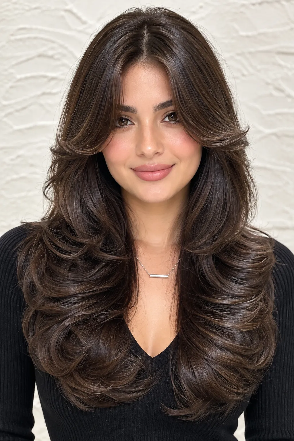 Chocolate Brown Bouncy Layers with Curtain Bangs