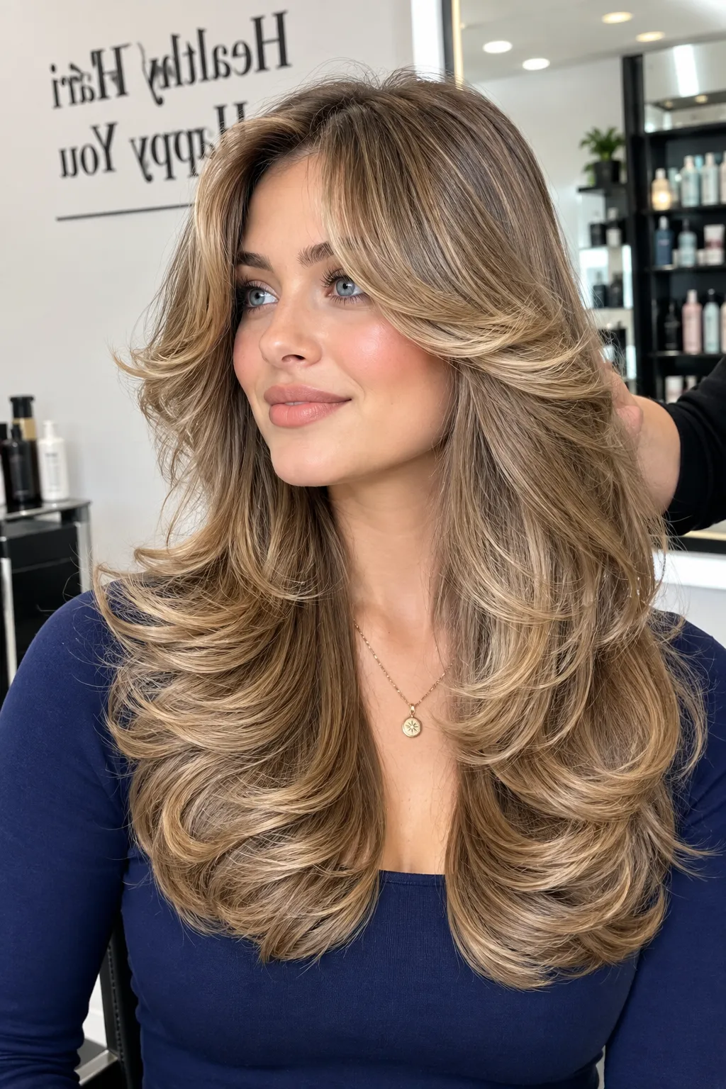 Sandy Brown Salon Waves with Curtain Bangs