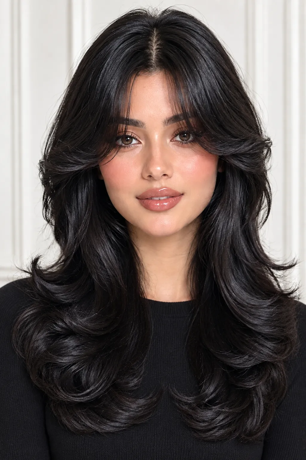 Glossy Black Flip Layers with Curtain Bangs