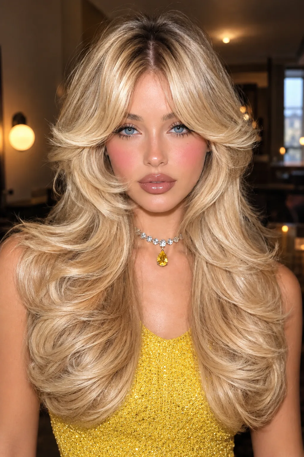 Golden Blonde Glam Waves with Curtain Bangs