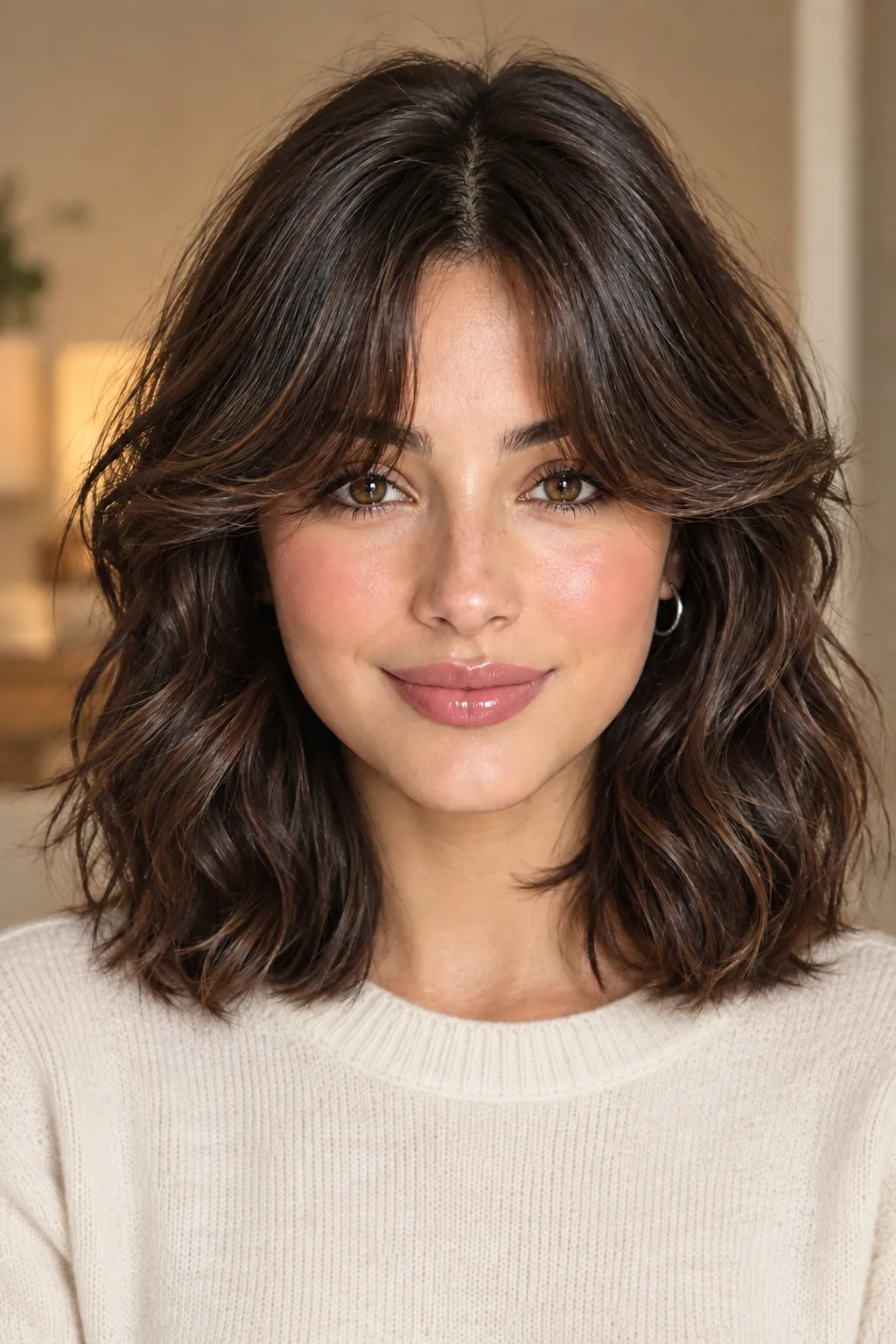 Cozy Brunette Waves with Curtain Bangs