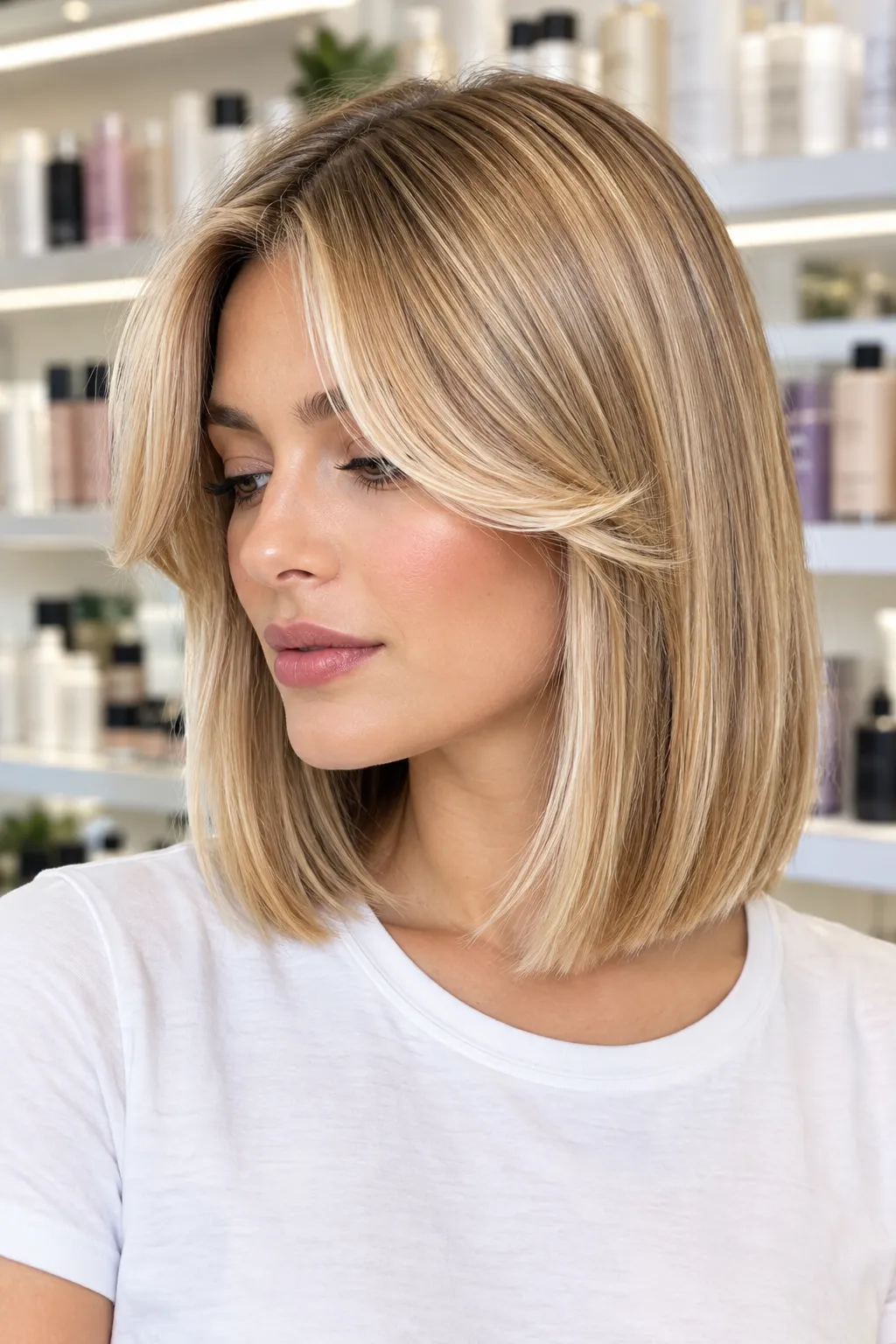 Sleek Blonde Lob with Curtain Bangs