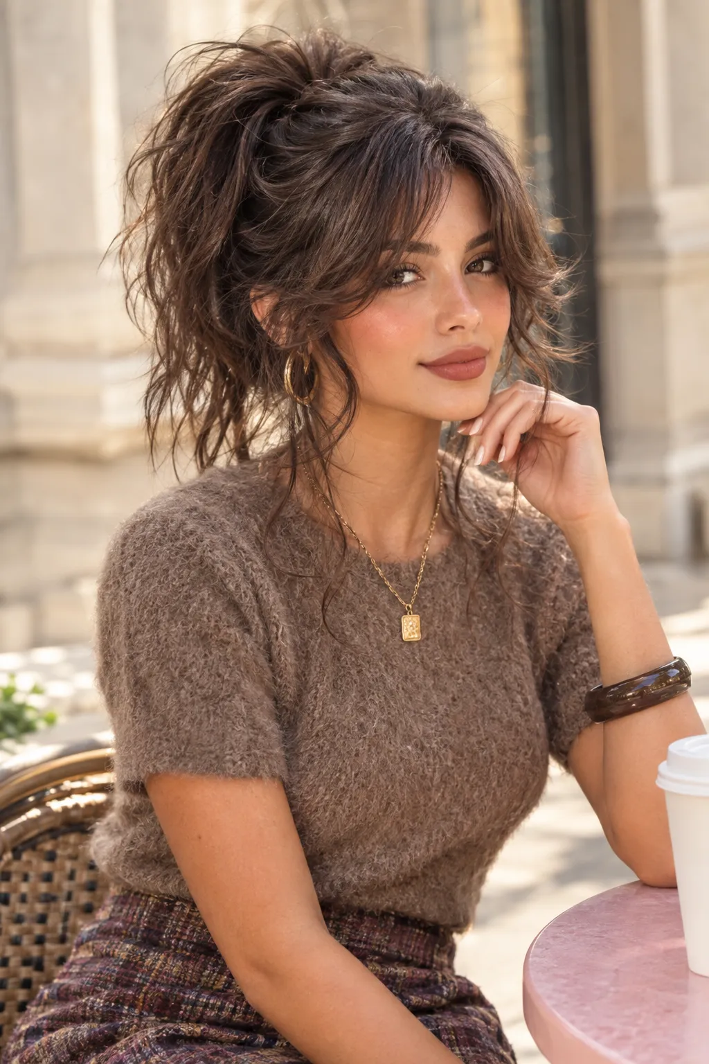 Messy High Ponytail with Curtain Bangs