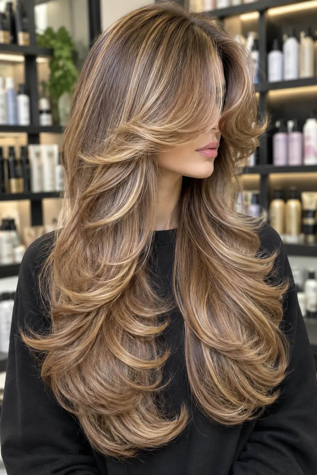 Caramel Butterfly Layers with Curtain Bangs