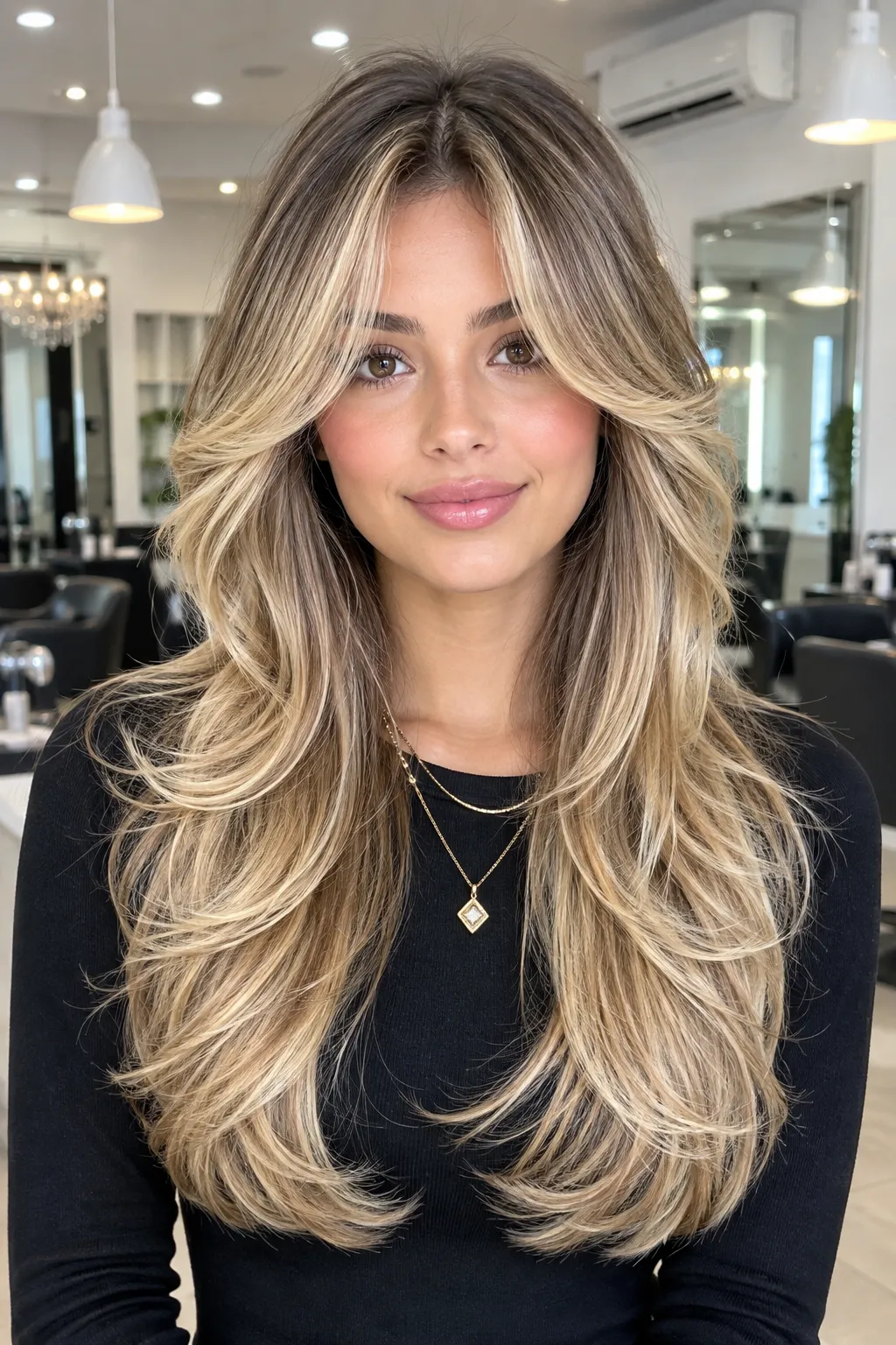 Sandy Blonde Long Layers with Curtain Bangs