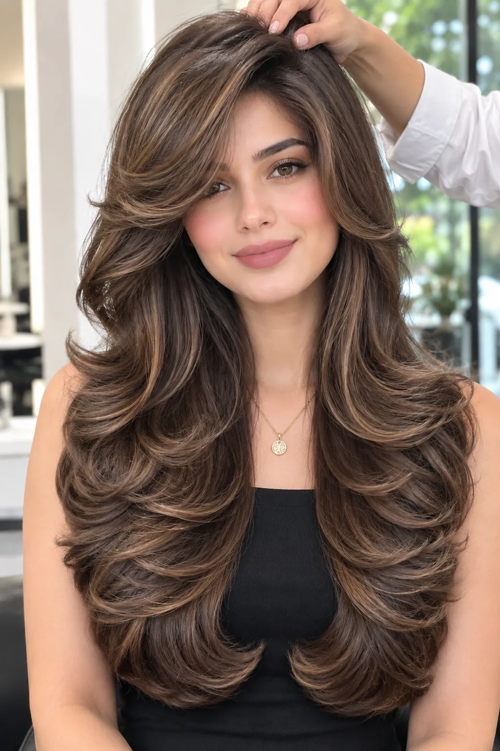 Caramel Highlighted Layers with Curtain Bangs