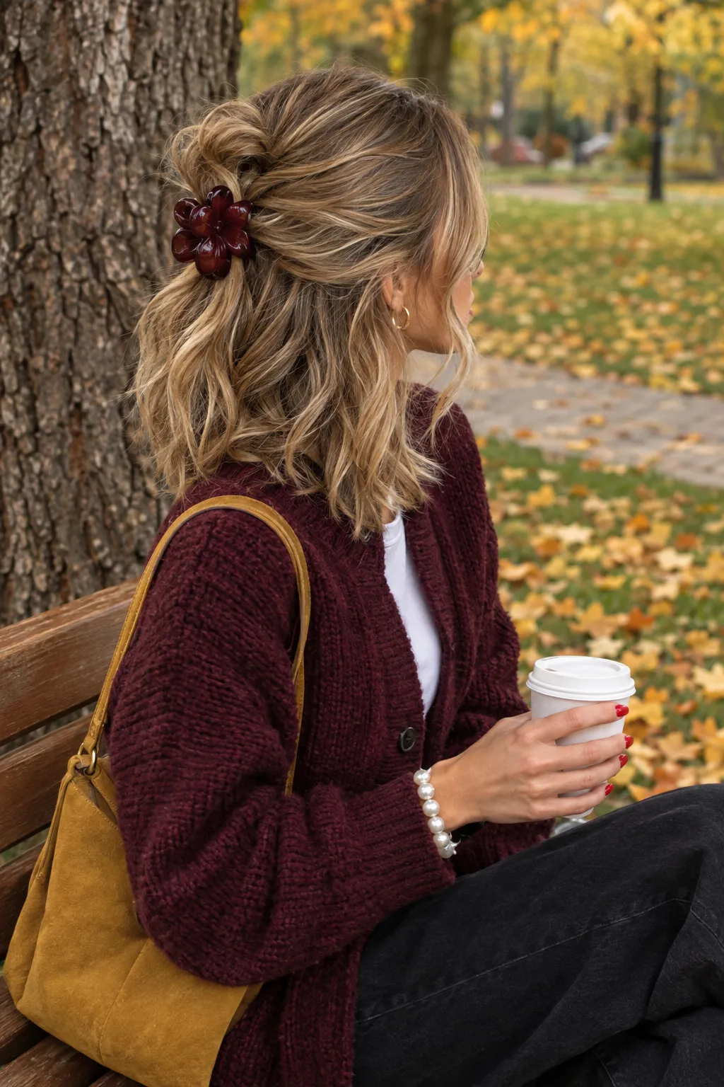 Half Up Mini Bun with Burgundy Flower Clip