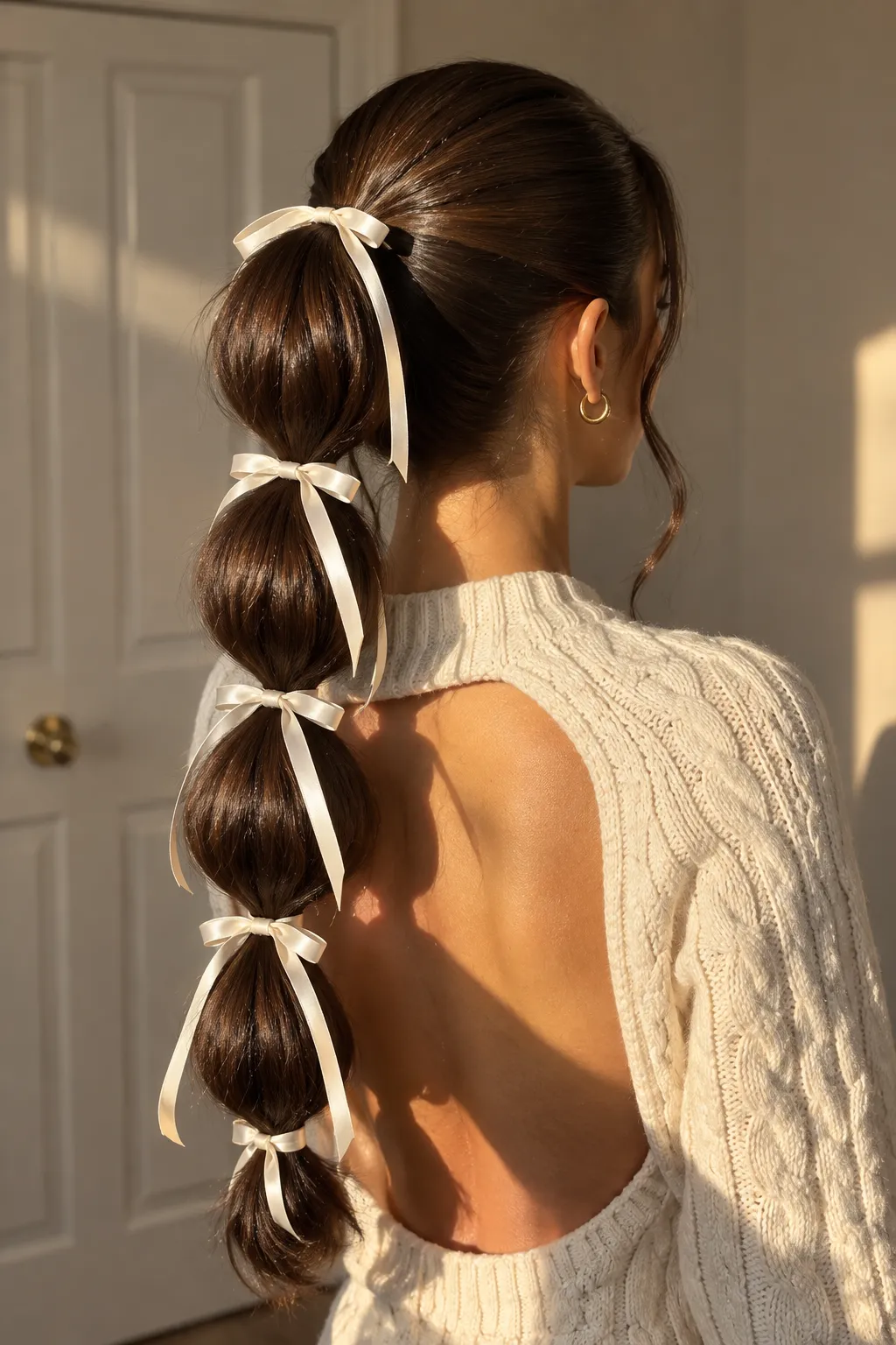 Bubble Ponytail with Cream Satin Bows