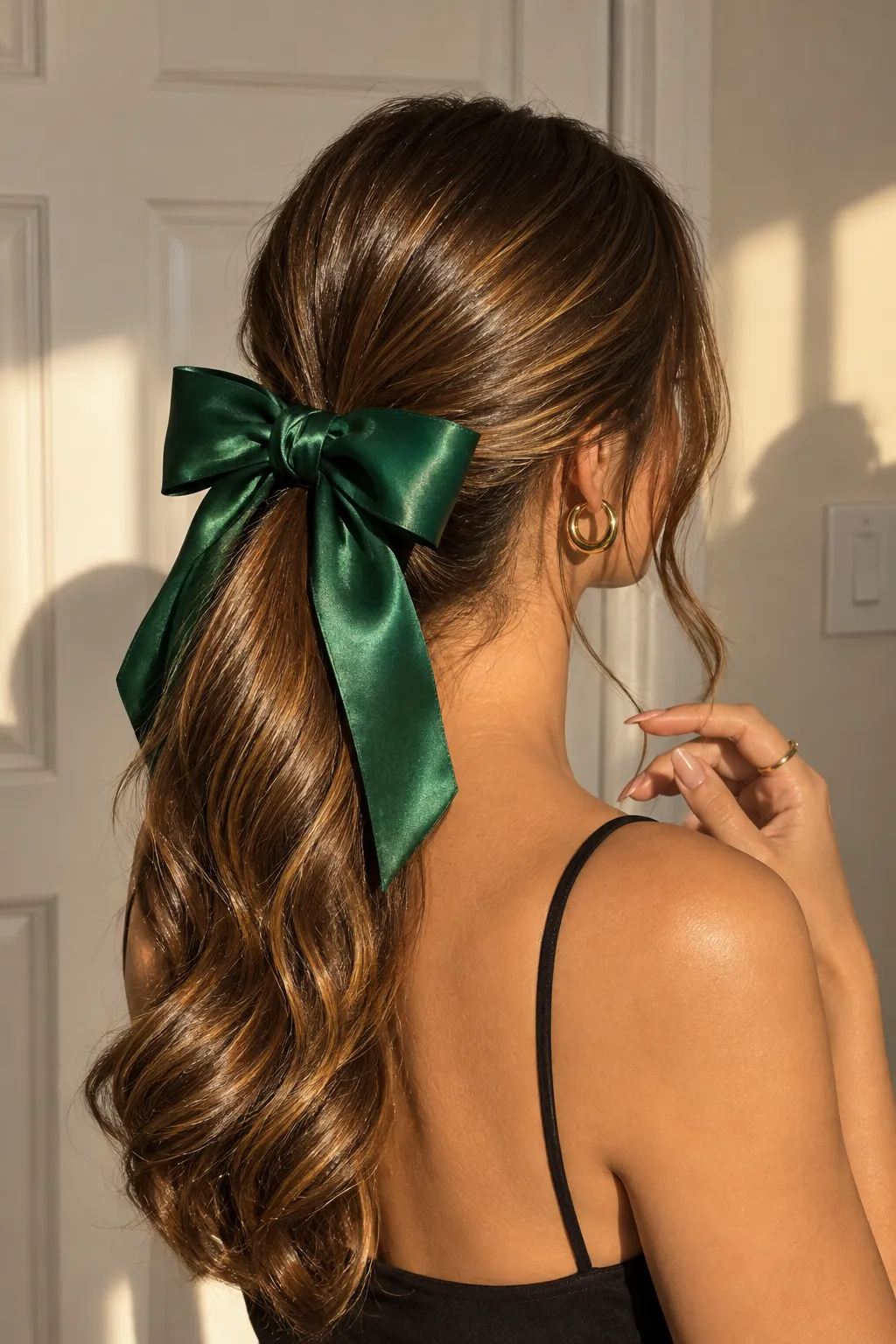 Low Wavy Ponytail with Emerald Satin Bow