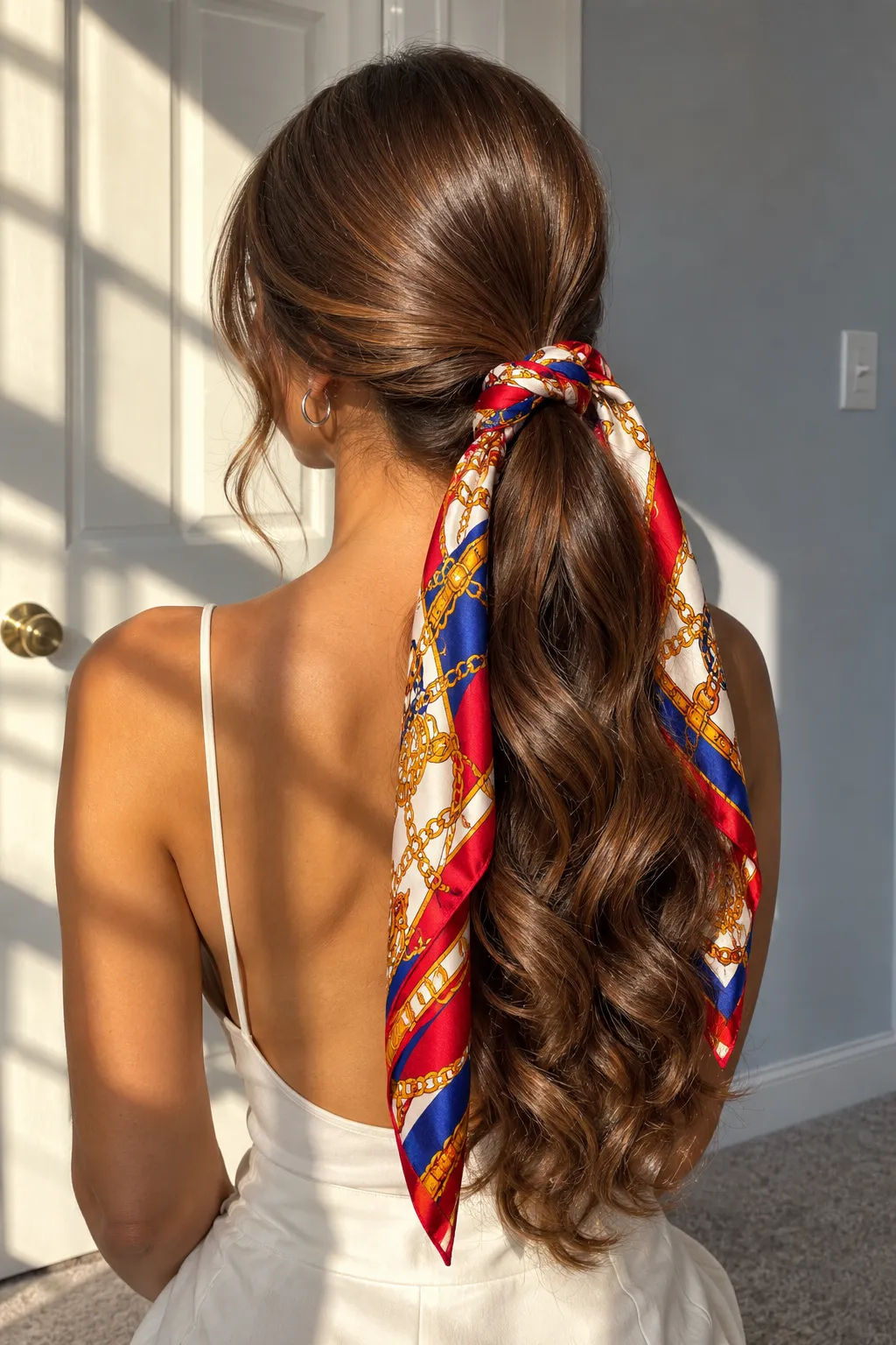  Low Wavy Ponytail with Silk Scarf