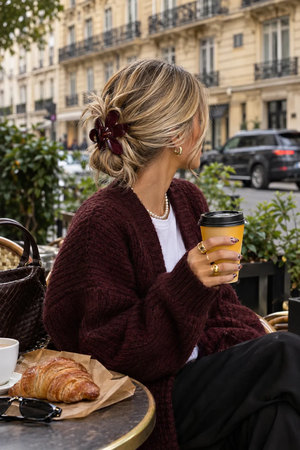Low Messy Bun with Burgundy Flower Claw Clip