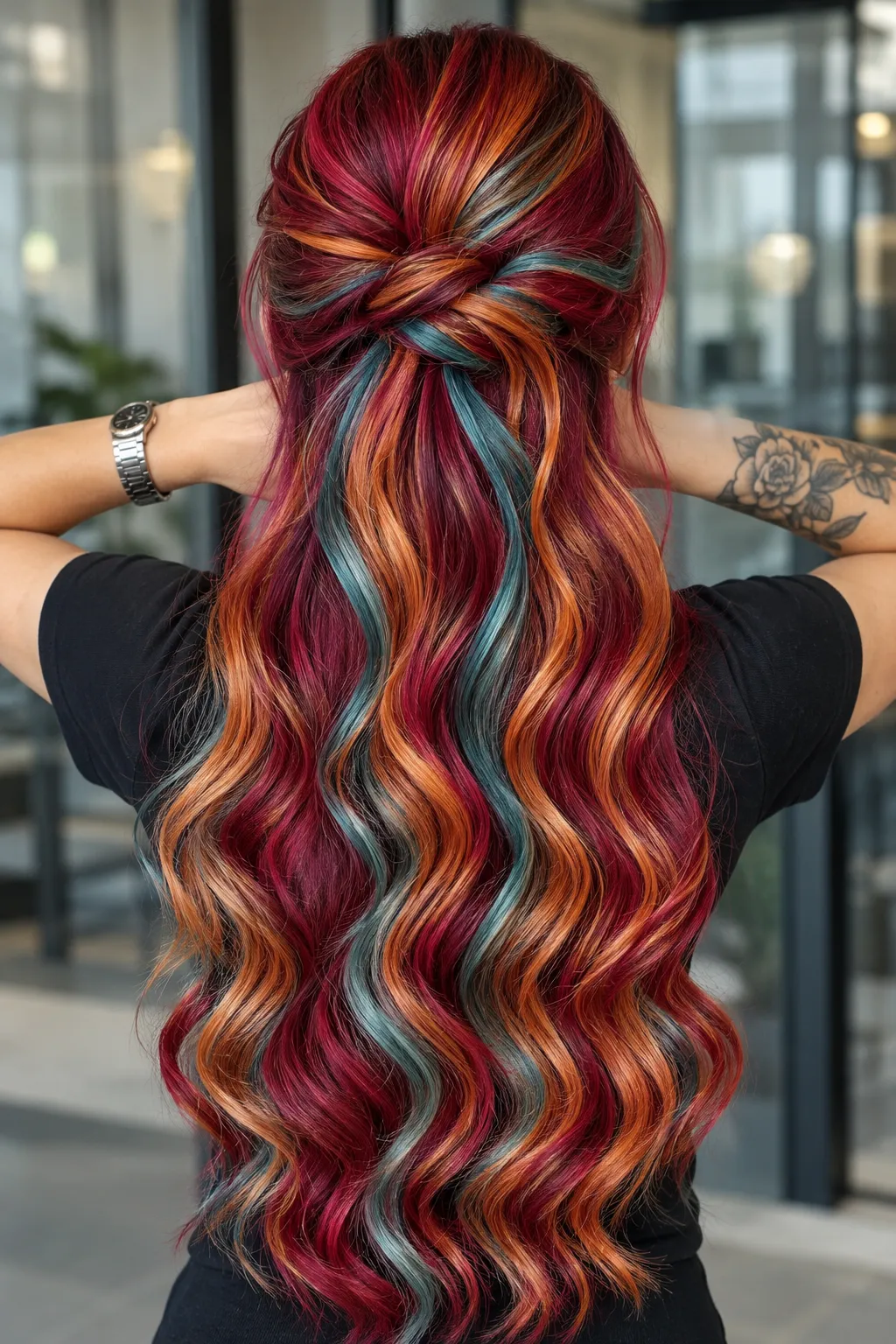 Half Up Twist with Burgundy, Copper, and Teal Waves