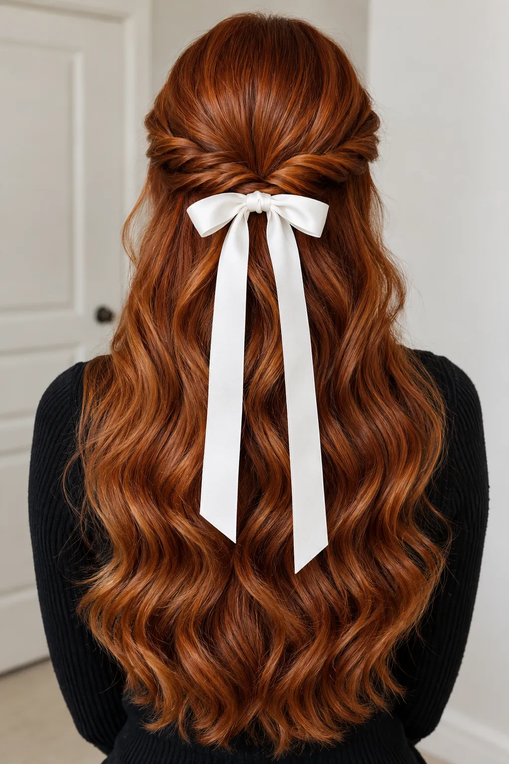Copper Half Up Twist with White Satin Bow