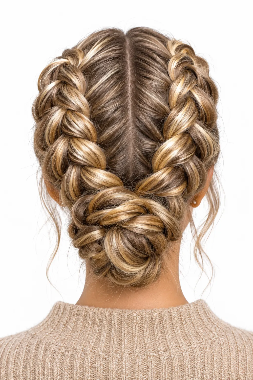 Double Dutch Braids into a Low Braided Bun