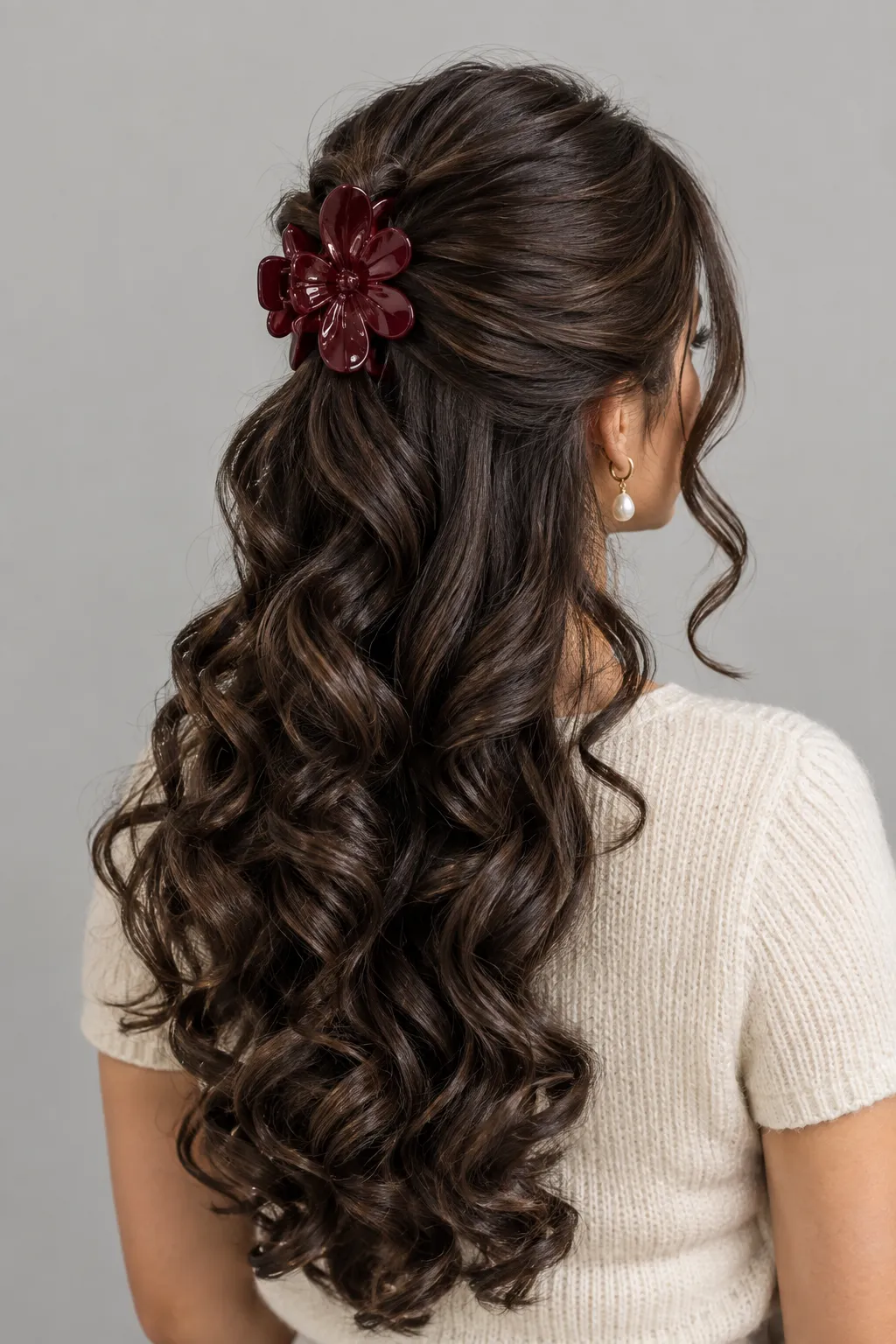 Half Up Curls with Burgundy Flower Clip