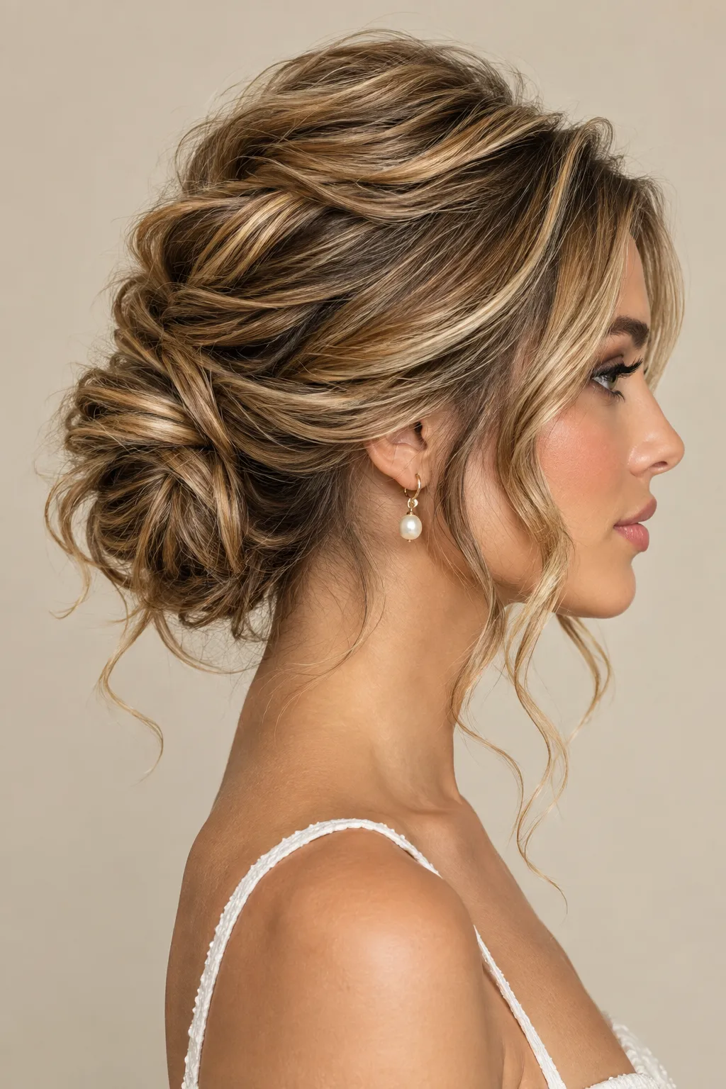 Soft Textured Low Updo with Honey Highlights