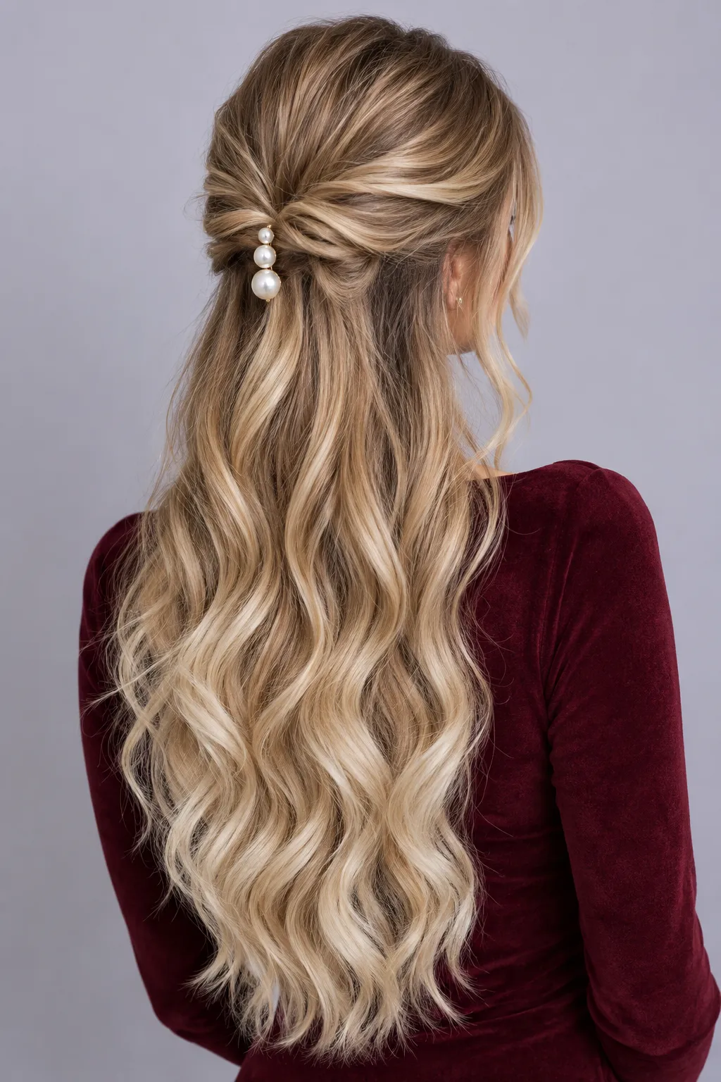 Twisted Half Up with Pearl Clip and Golden Waves
