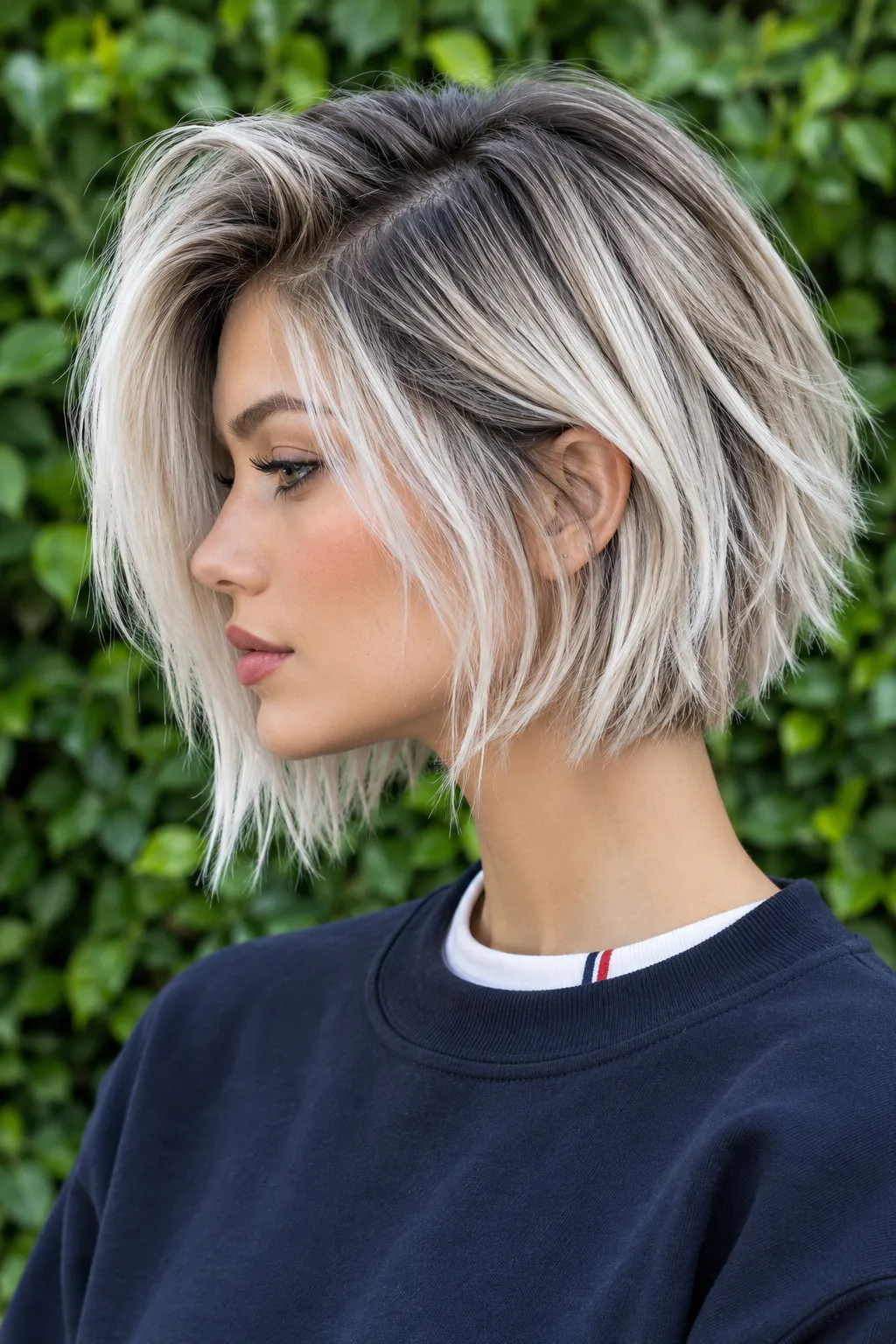 Shaggy Platinum Bob with Shadow Roots