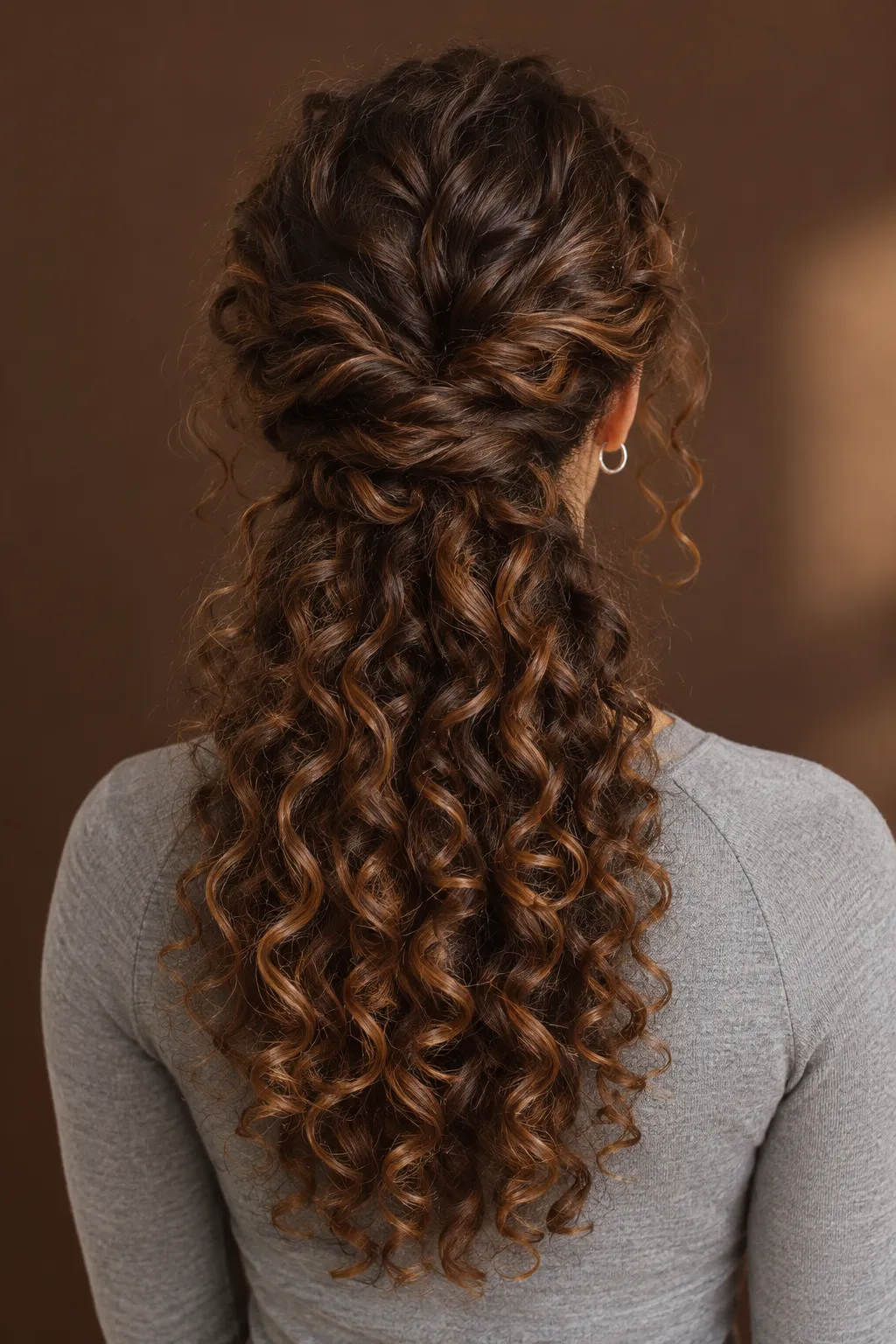 Twisted Half Up Curls with Caramel Highlights