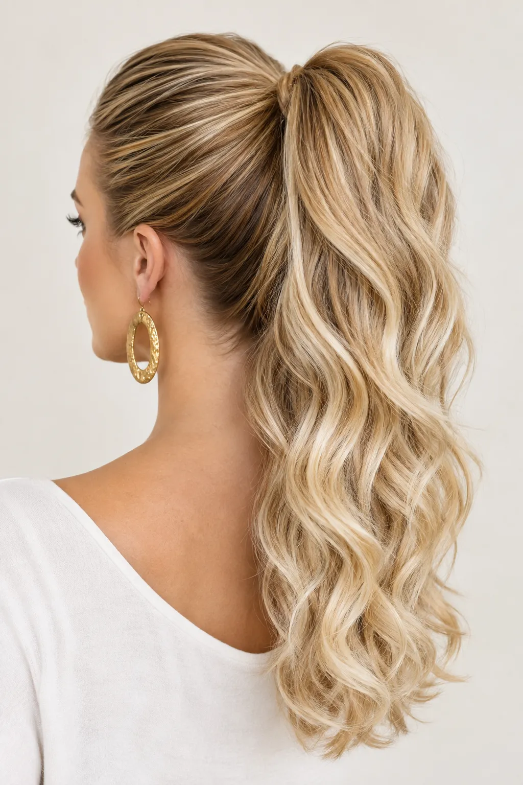 Sleek High Ponytail with Wavy Golden Ends