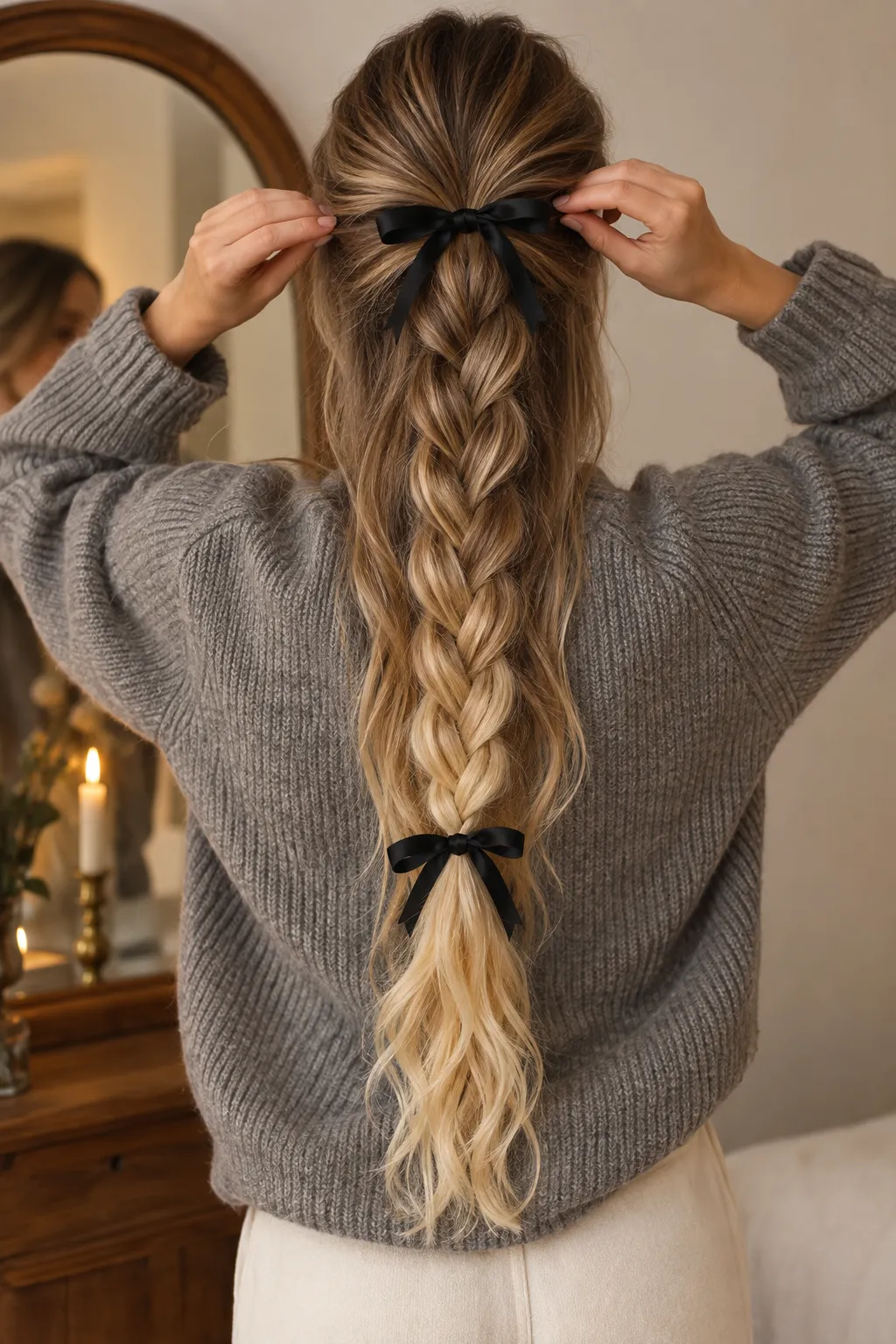 Braided Ponytail with Double Black Bows