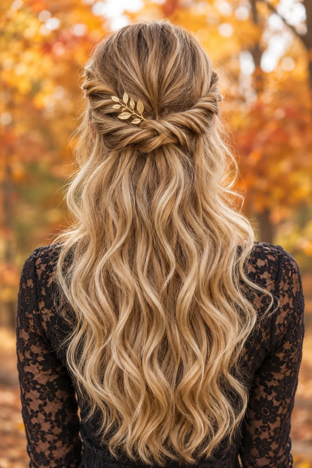 Twisted Half Up with Gold Leaf Hair Pin