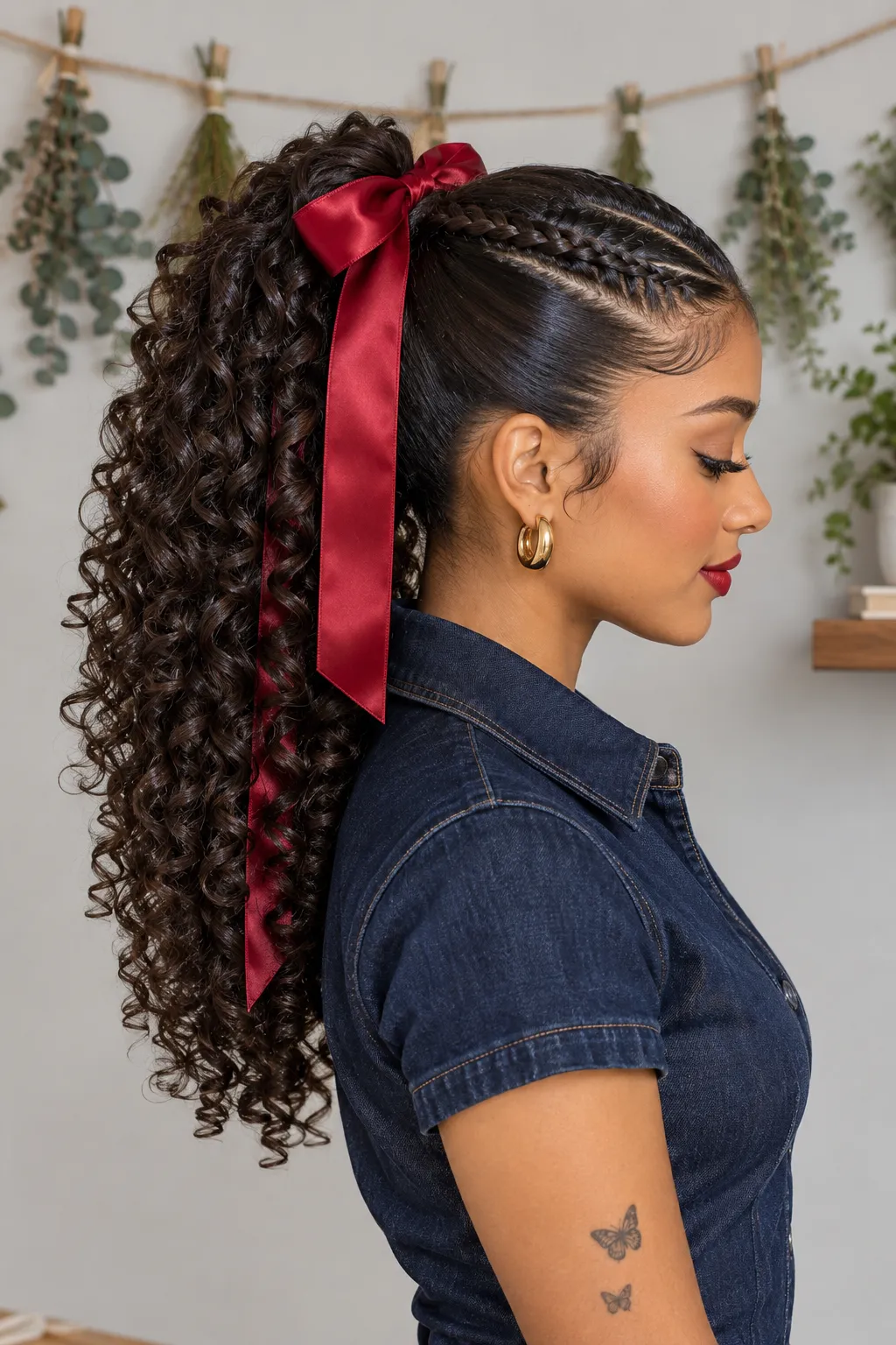 Braided High Ponytail with Red Satin Bow