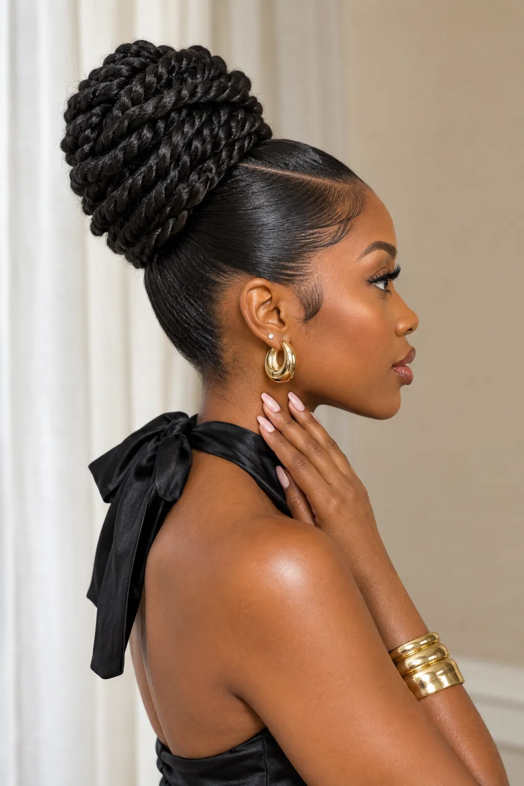 Sleek Braided Top Knot with Black Bow