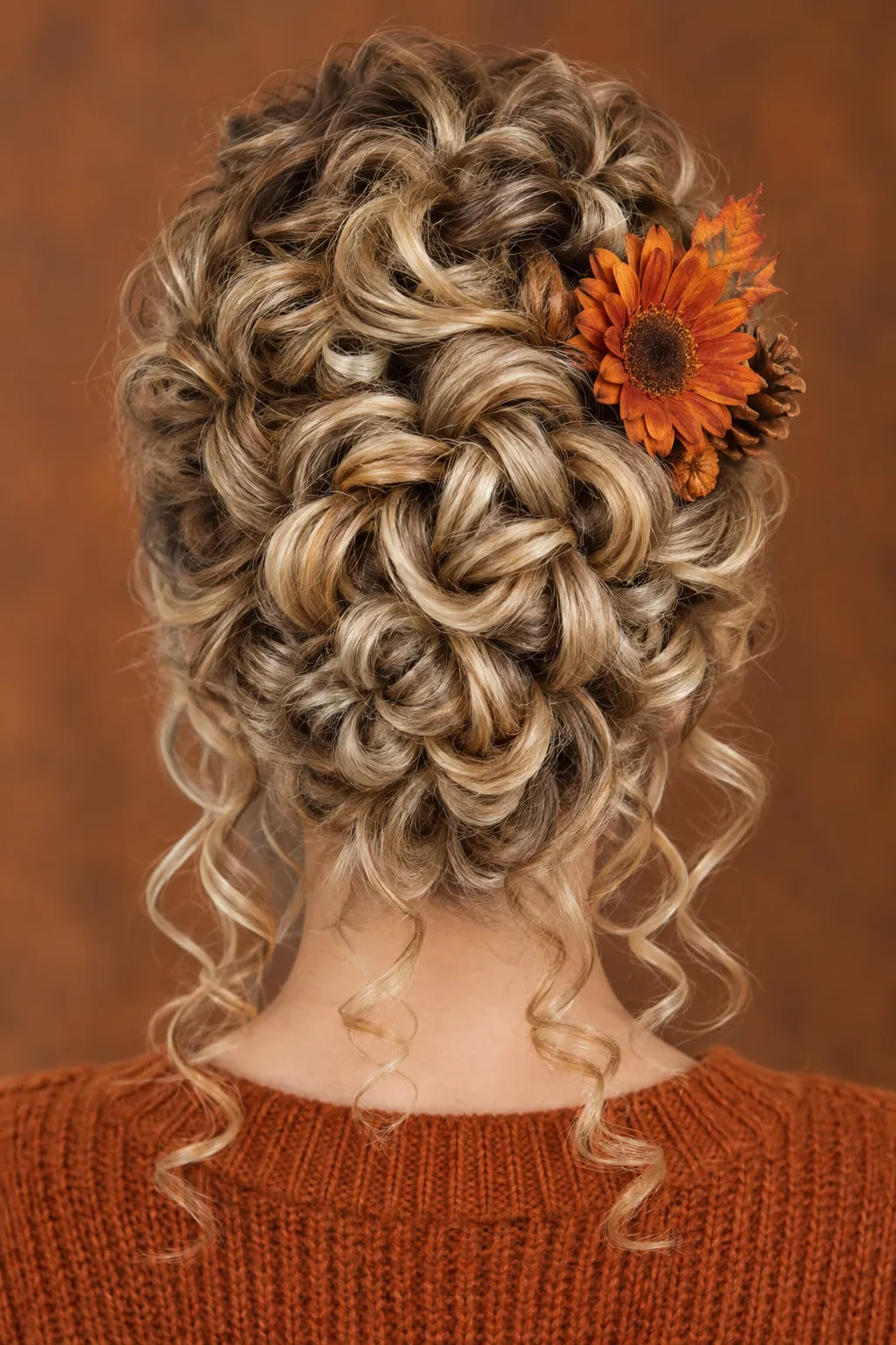 Curly Rose Updo with Sunflower and Pinecone Accent