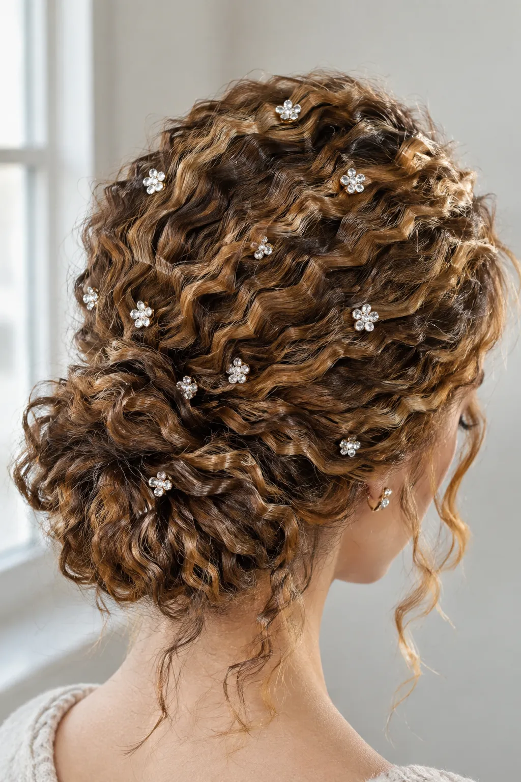 Curly Textured Updo with Crystal Flower Pins
