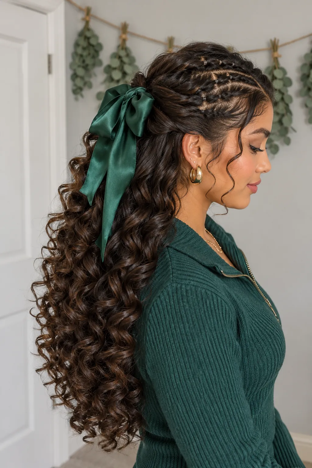 Half Up Cornrows with Emerald Bow and Curly Ends