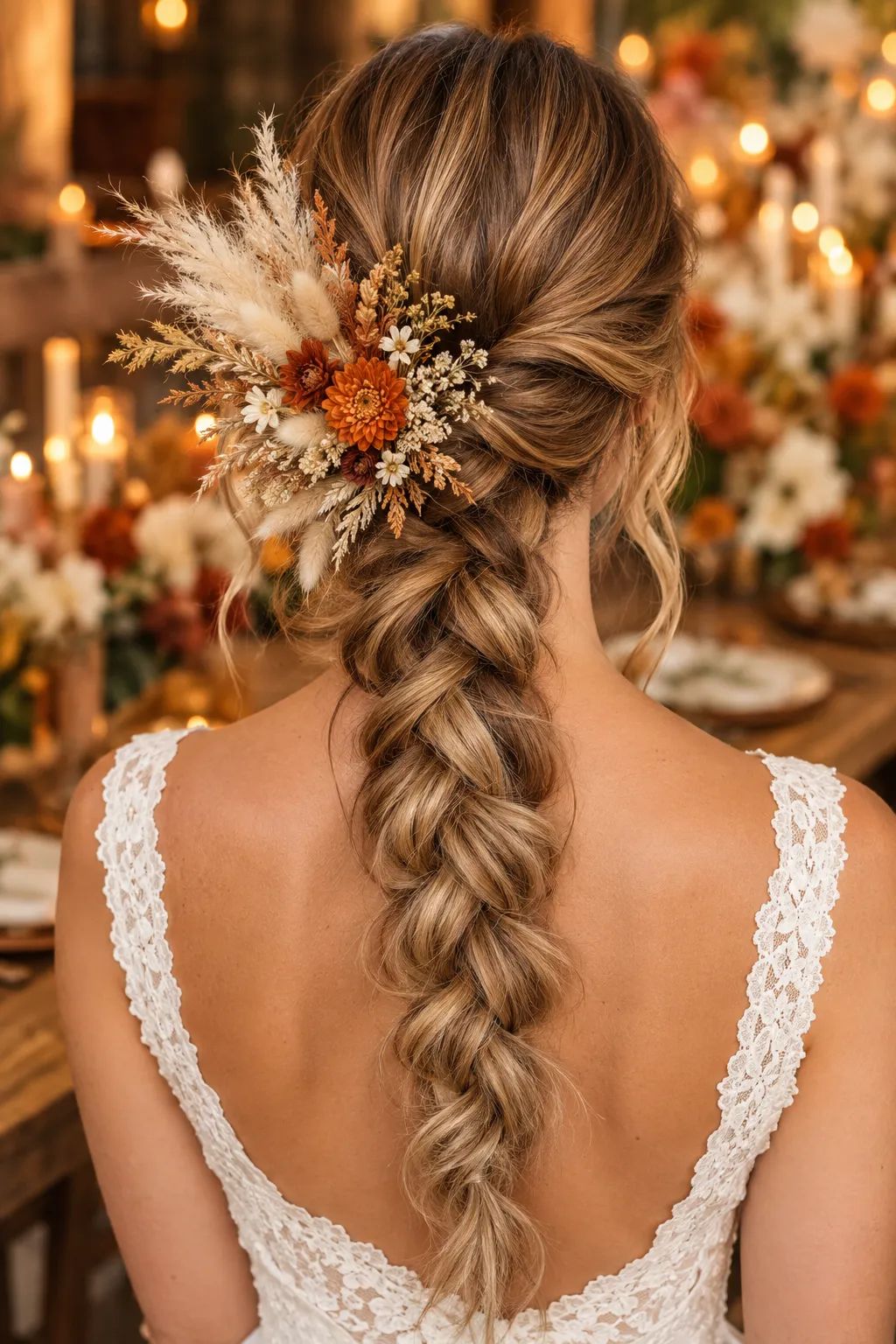 Loose Fishtail Braid with Dried Floral Accent