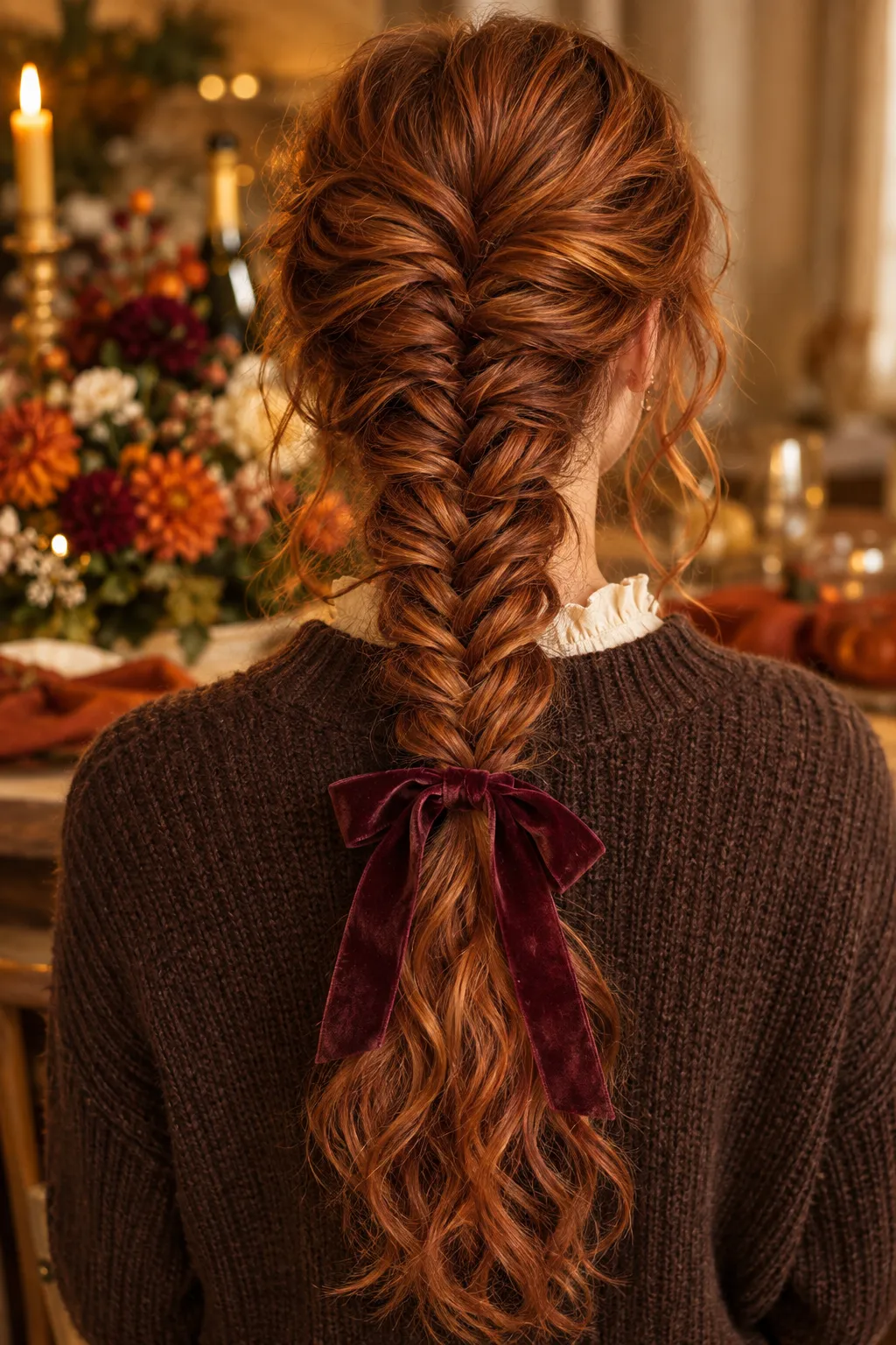 Fishtail Braid with Burgundy Velvet Bow