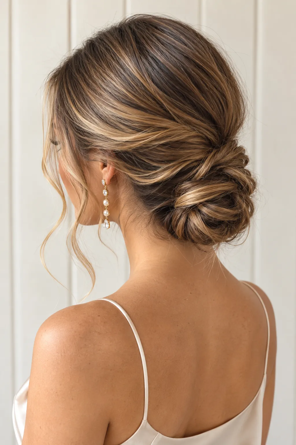 Sleek Low Twisted Bun with Pearl Drop Earrings