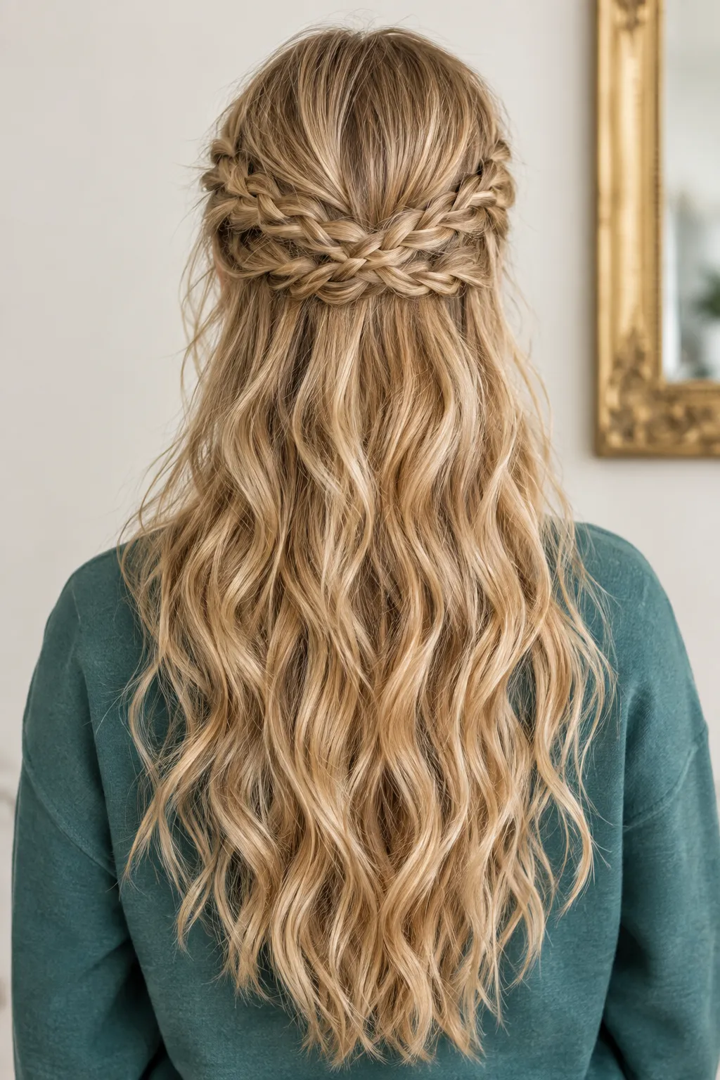 Crown Braid Half Up with Beachy Waves