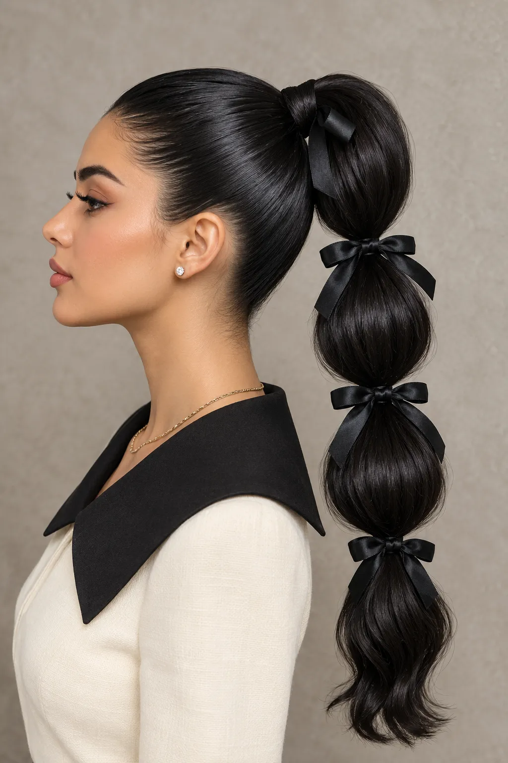 Bubble Ponytail with Black Satin Bows