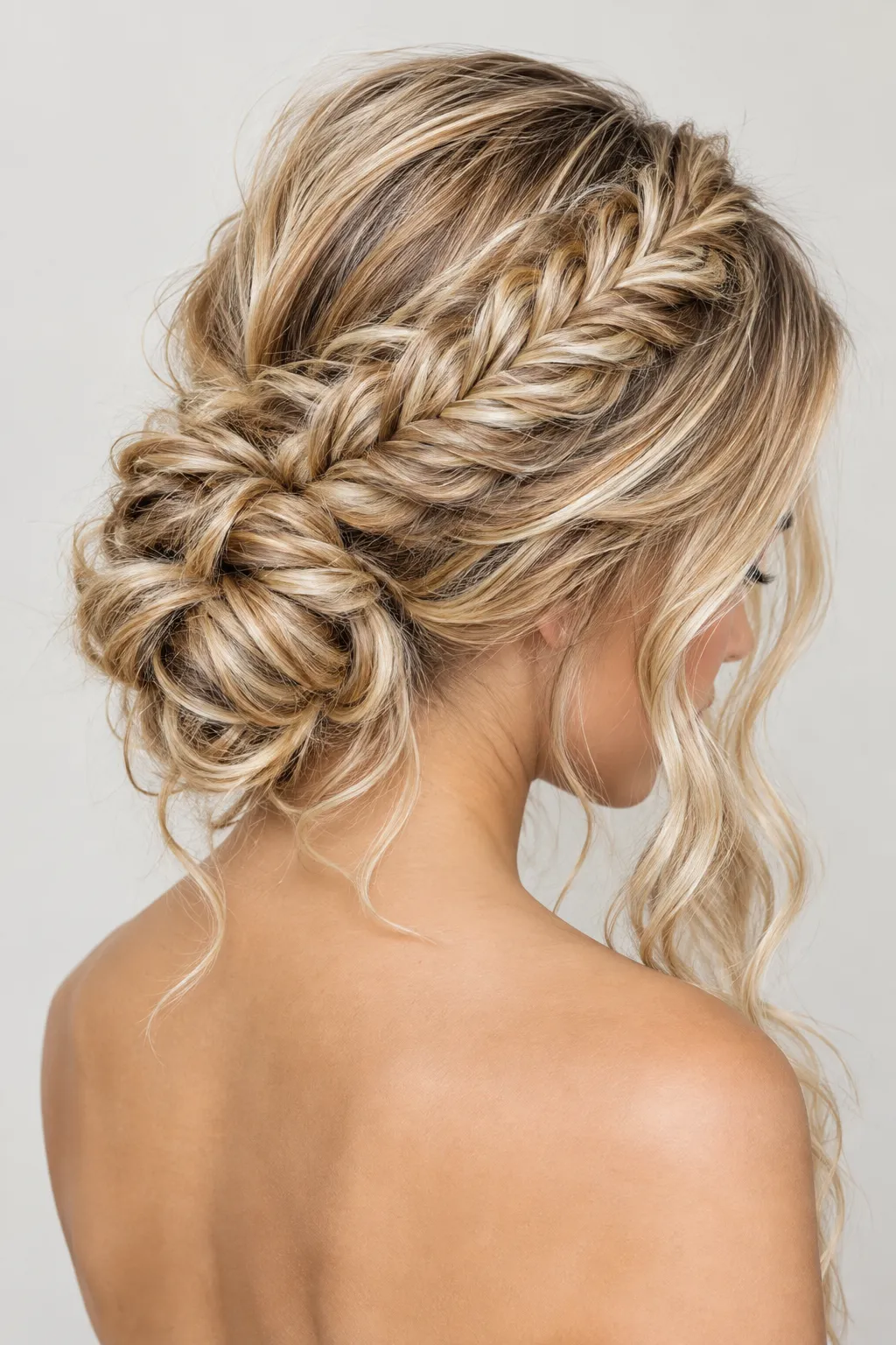 Fishtail Braided Low Bun with Loose Waves