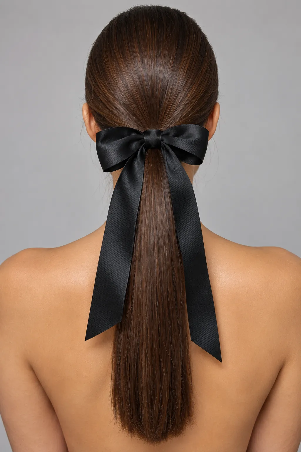 Sleek Straight Ponytail with Black Satin Bow