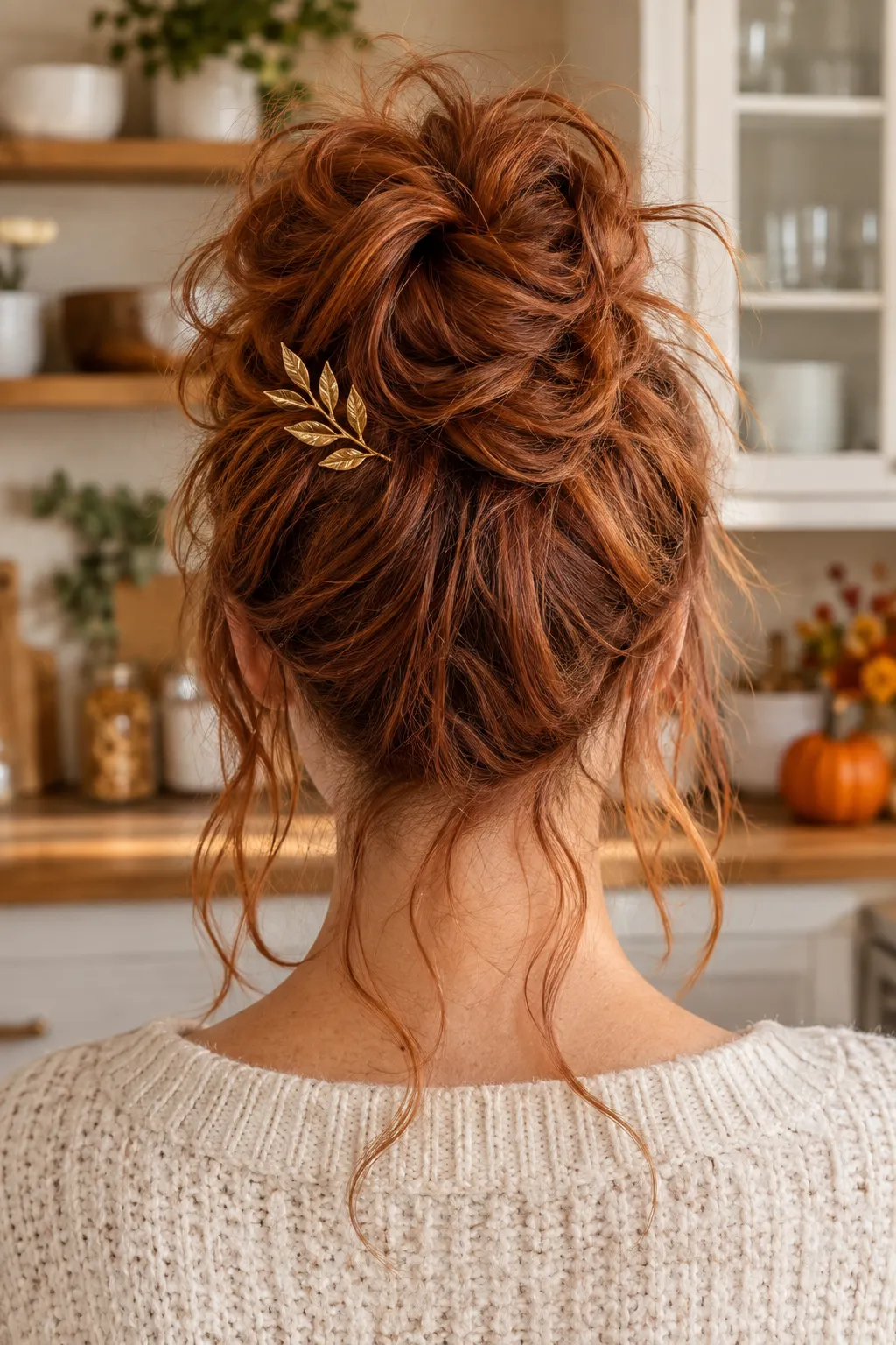  Messy High Bun with Gold Leaf Hairpin