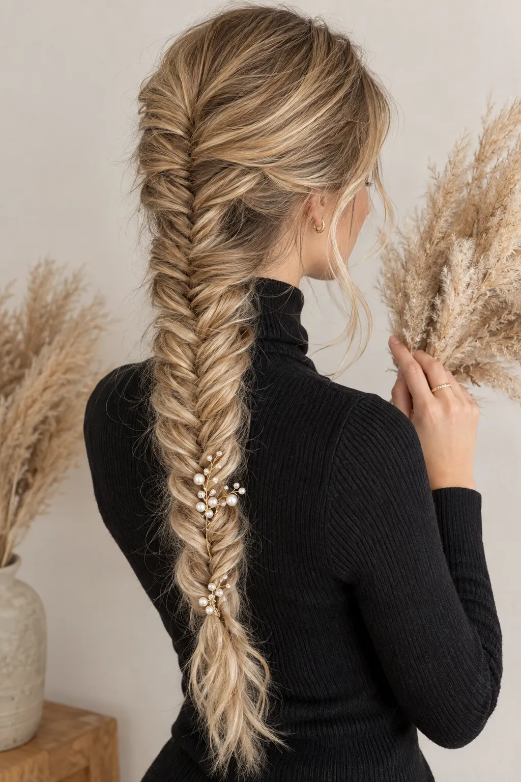 Long Fishtail Braid with Pearl Vine Accent