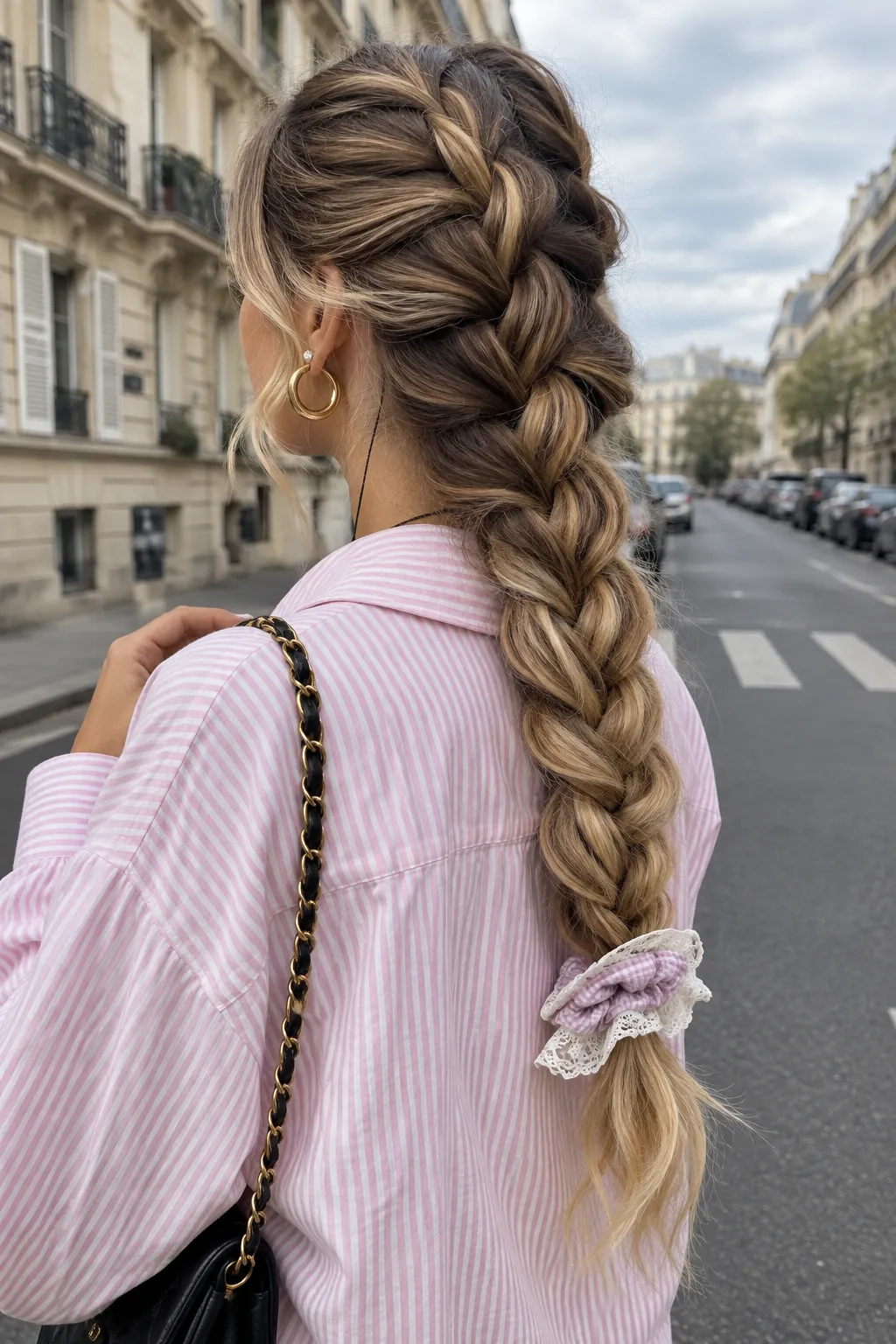 Chunky French Braid with Gingham Scrunchie