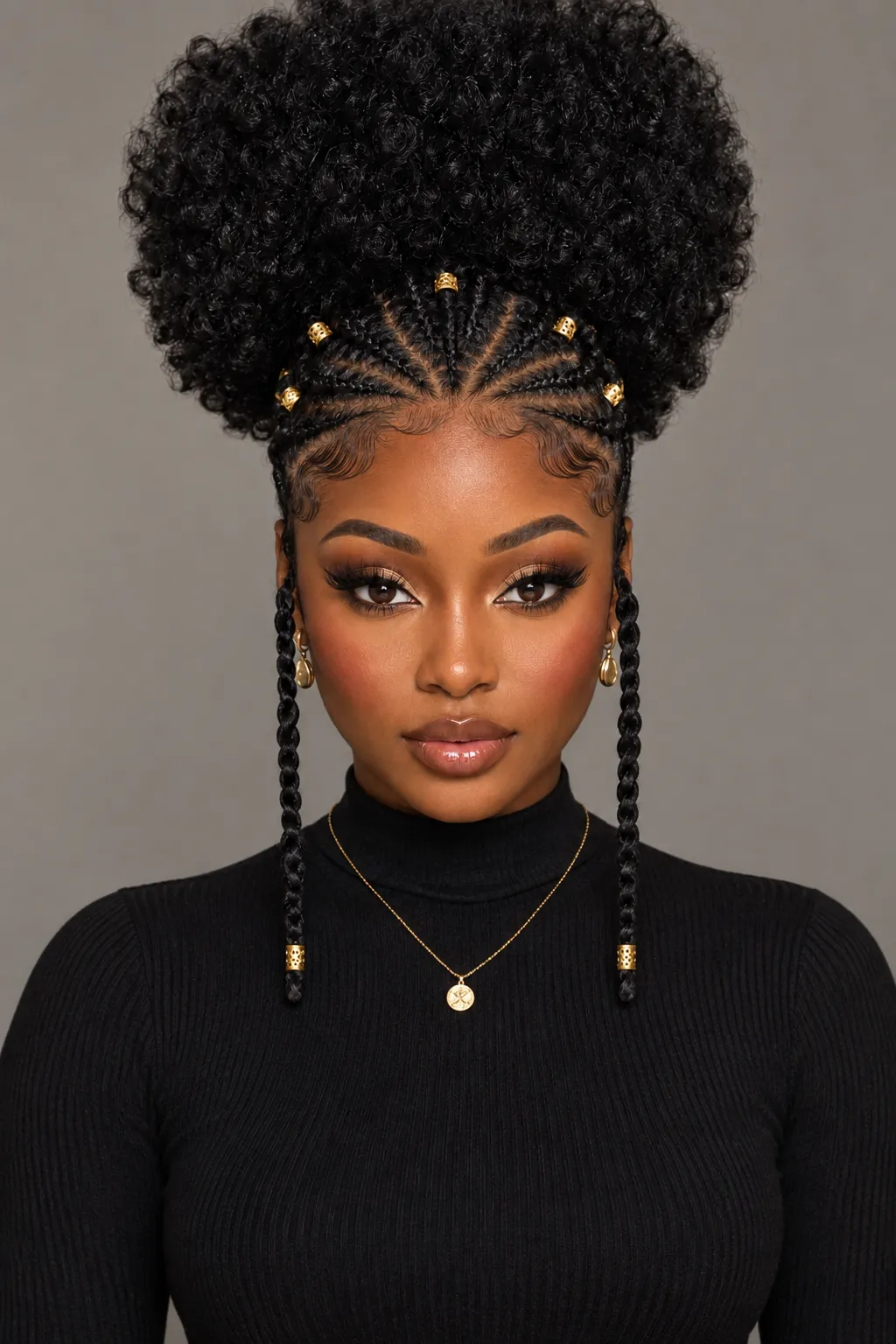 High Puff with Gold Cuff Cornrows